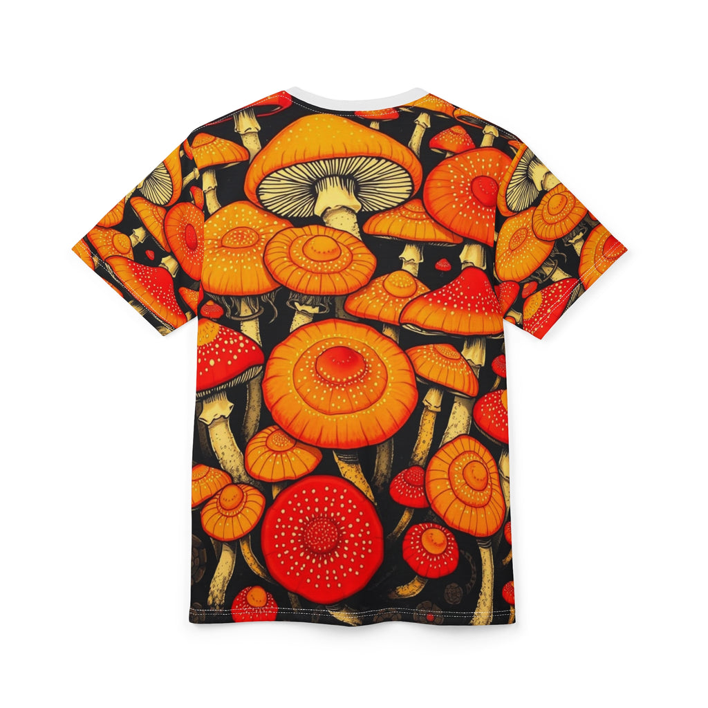 Camiseta con estampado completo de hongos psicodélicos anaranjados