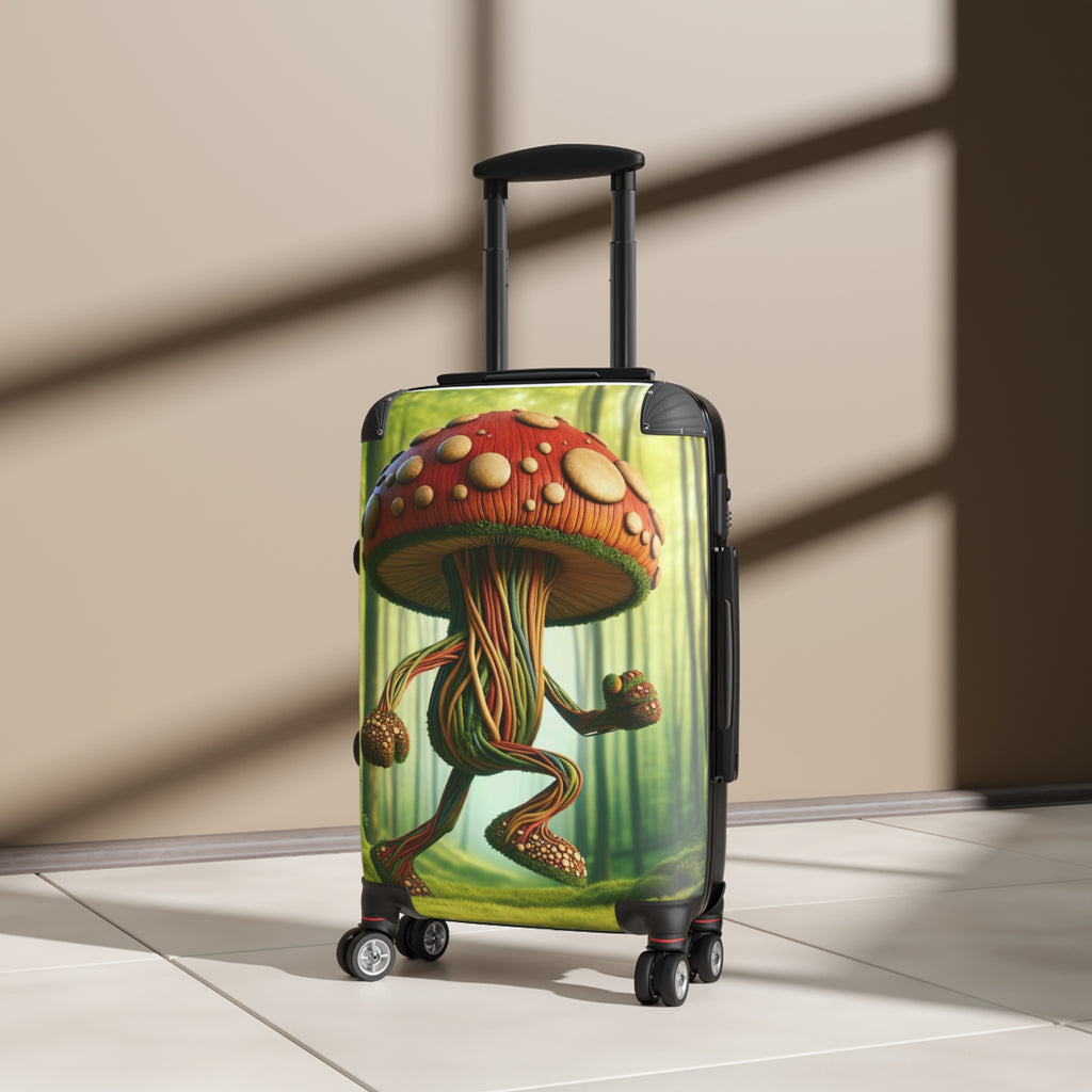 Move Like a Mycelial Boss Travel Case Travel with Attitude Shroom Stomp Carry-On featuring a vibrant mushroom design.