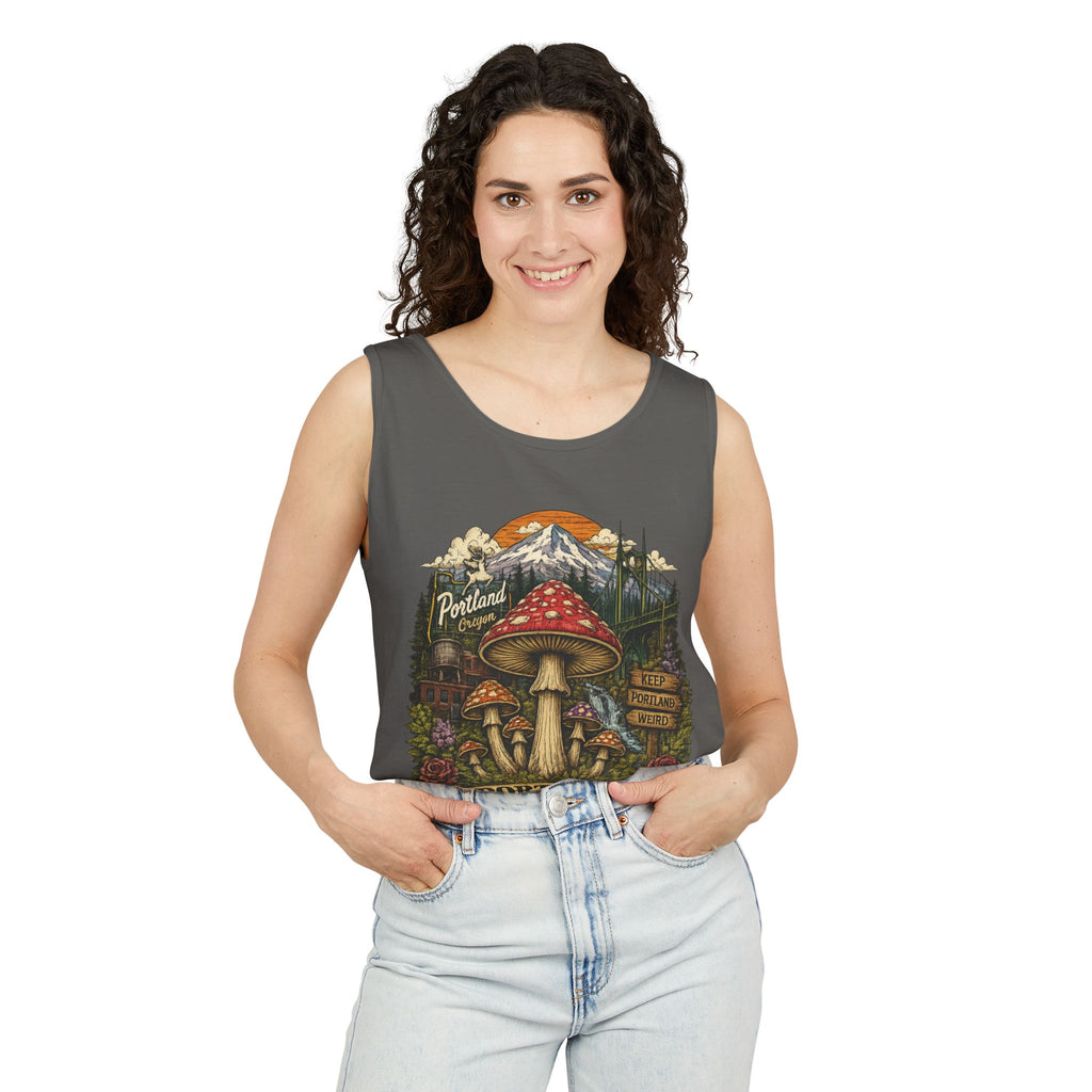 City: Portland Mushroom Tank Top — Vintage Forest Travel Graphic