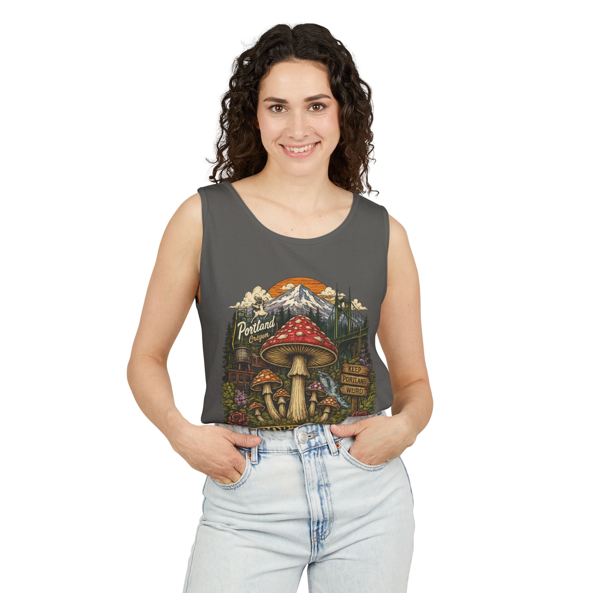 City: Portland Mushroom Tank Top — Vintage Forest Travel Graphic