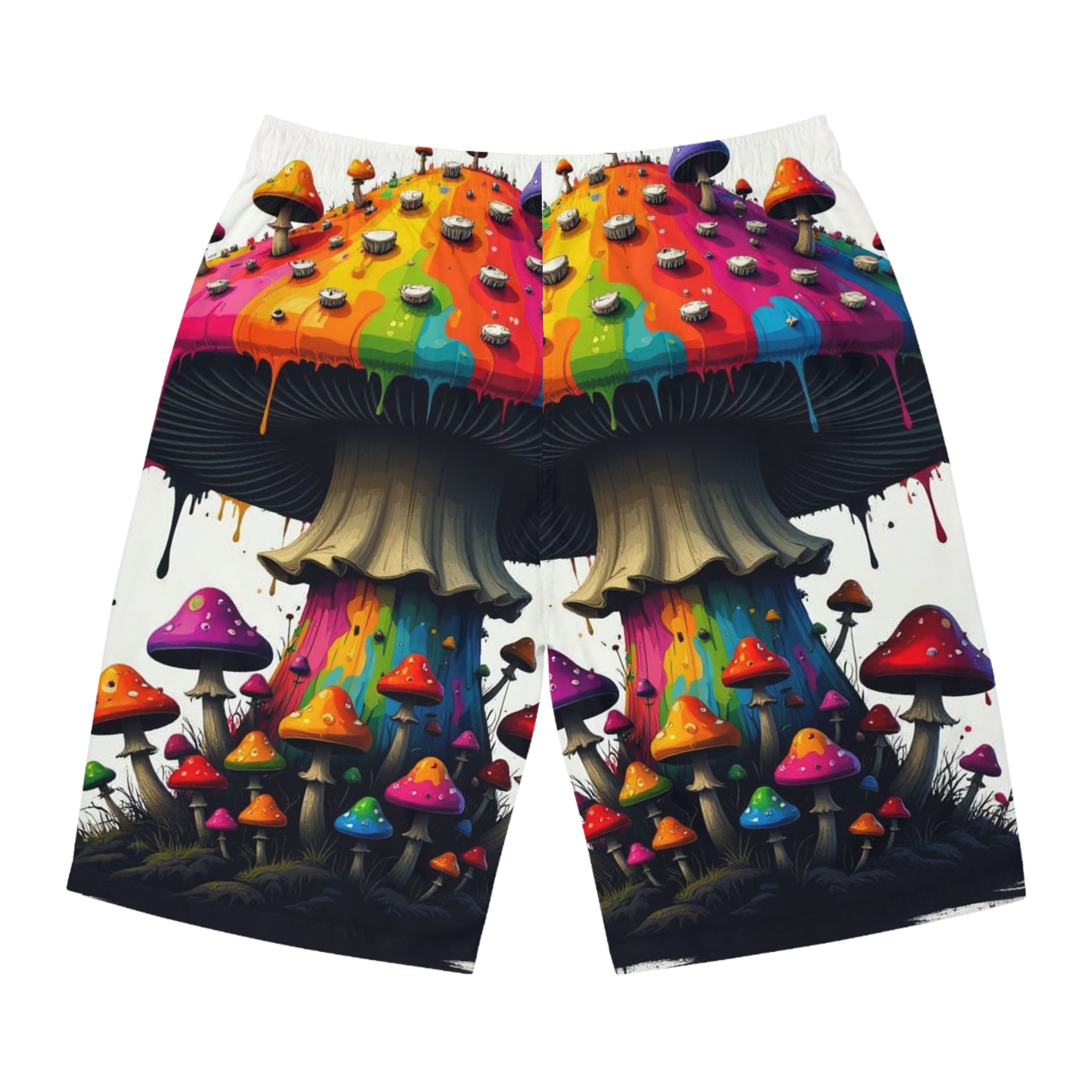Psychedelic Rainbow Mushroom Board Shorts — Men's All-Over Print