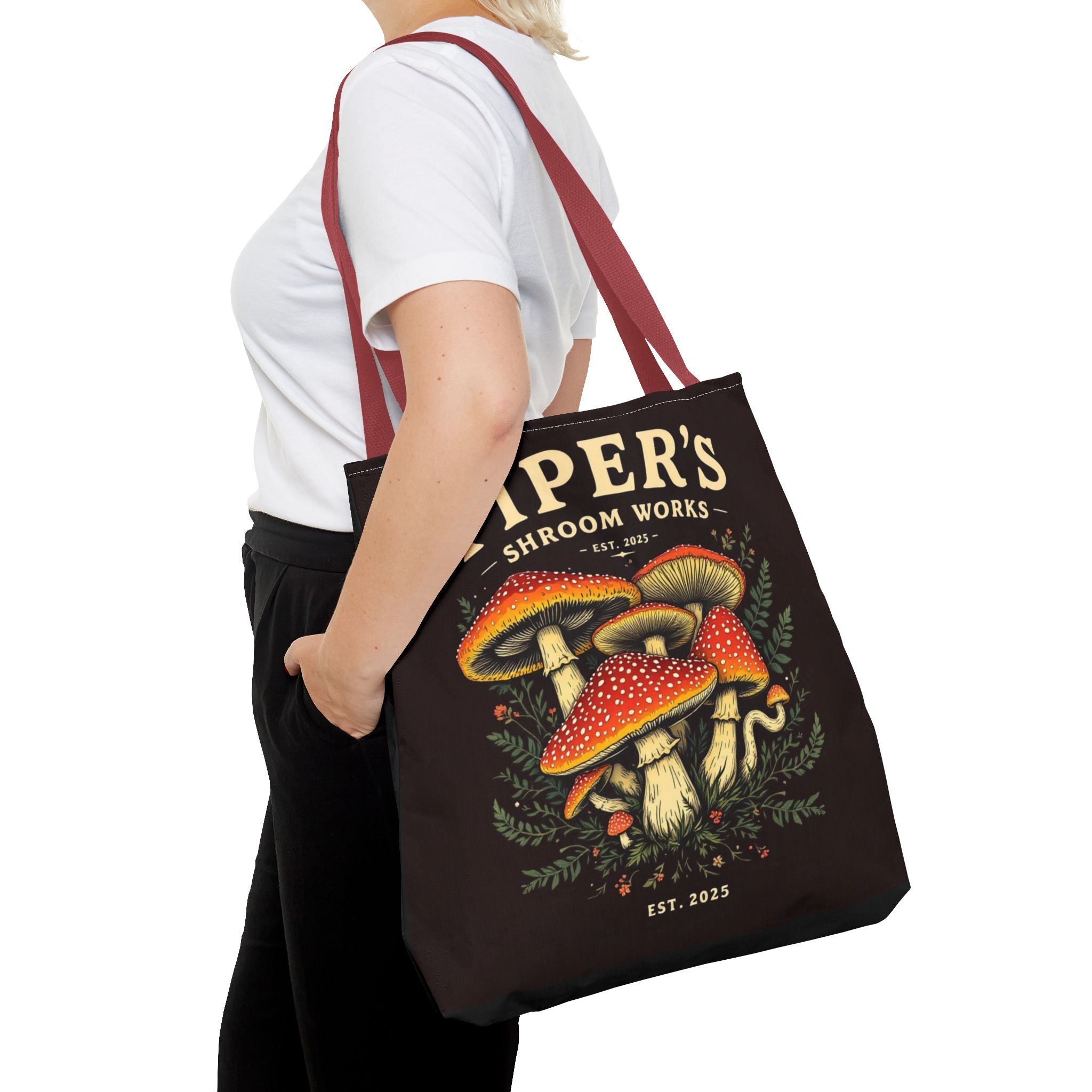 Mushroom Tote Bag — "Piper's Shroom Works" Vintage Fungi Market Shopper