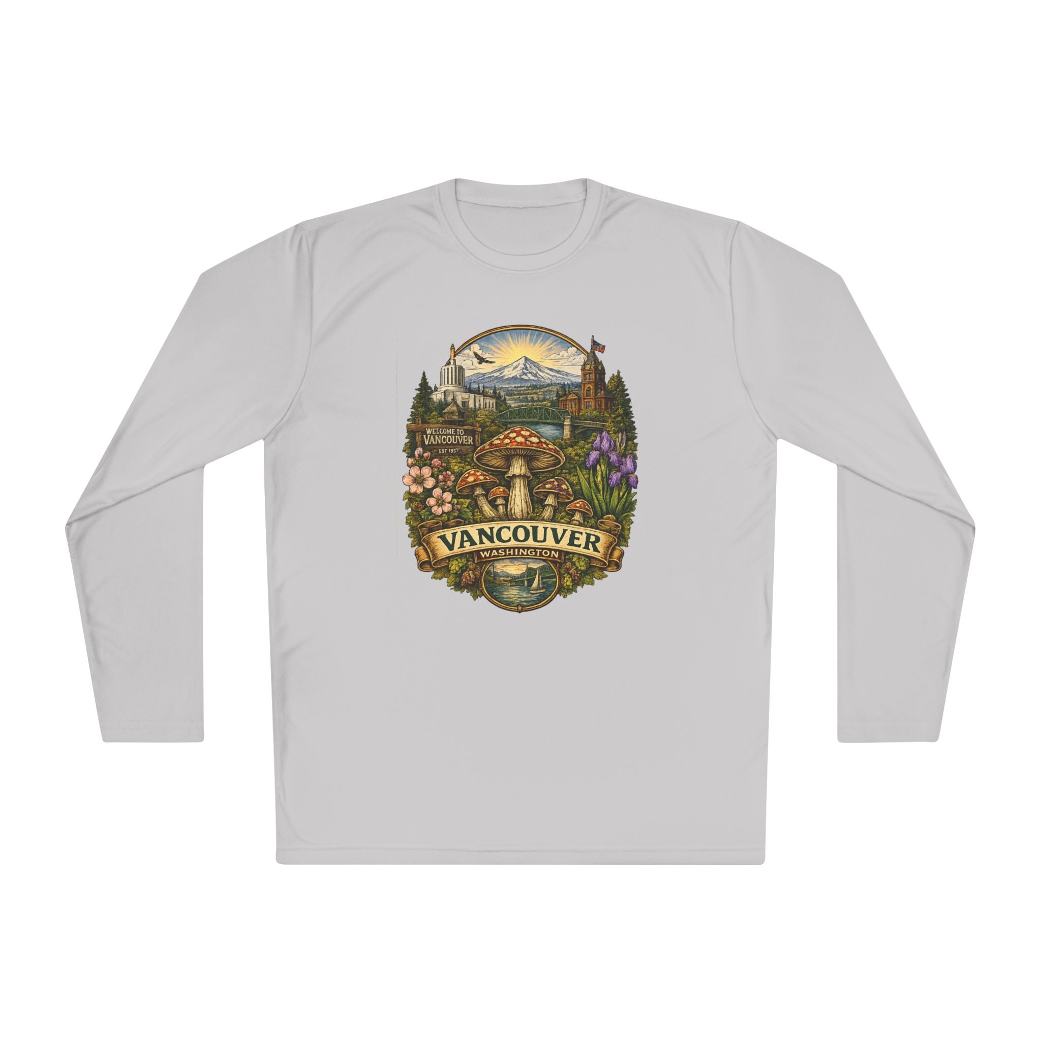 Vancouver Nature Long Sleeve Tee — Scenic Mountains & Mushroom Art