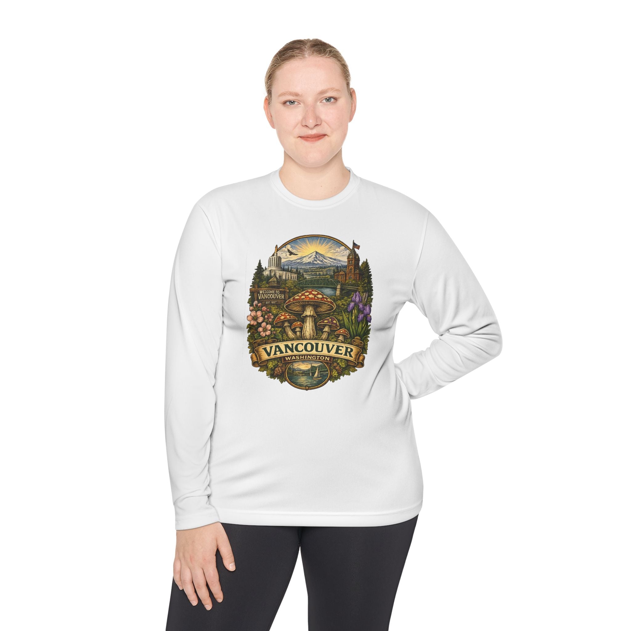 Vancouver Nature Long Sleeve Tee — Scenic Mountains & Mushroom Art