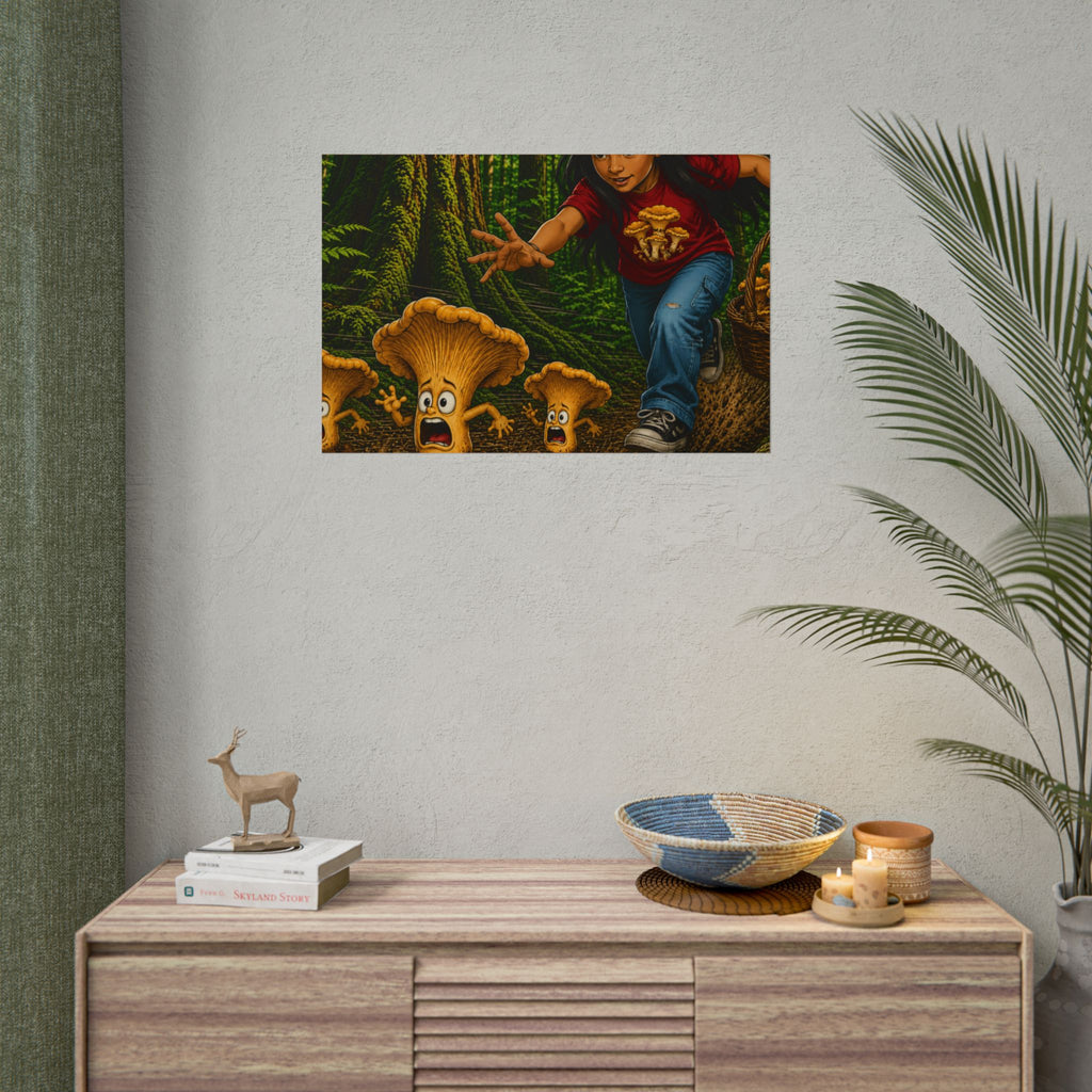 Rolled Poster: Girl Chasing Animated Mushrooms Forest Art Print