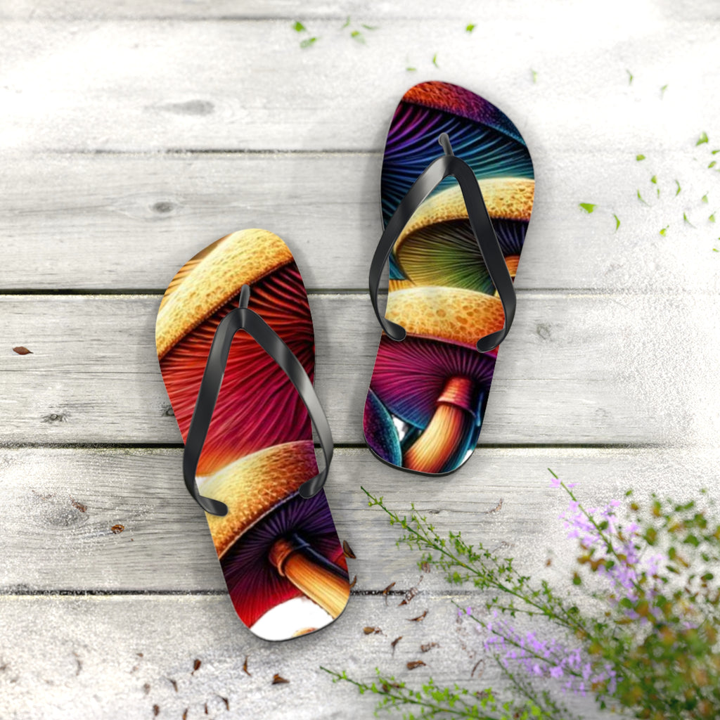 Mushroom Rainbow Flip Flops – Colorful Psychedelic Fungi Beach Sandals