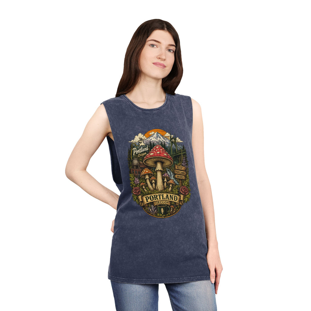 Portland Mushroom Graphic Tank — Stonewash Vintage Nature Tank Top