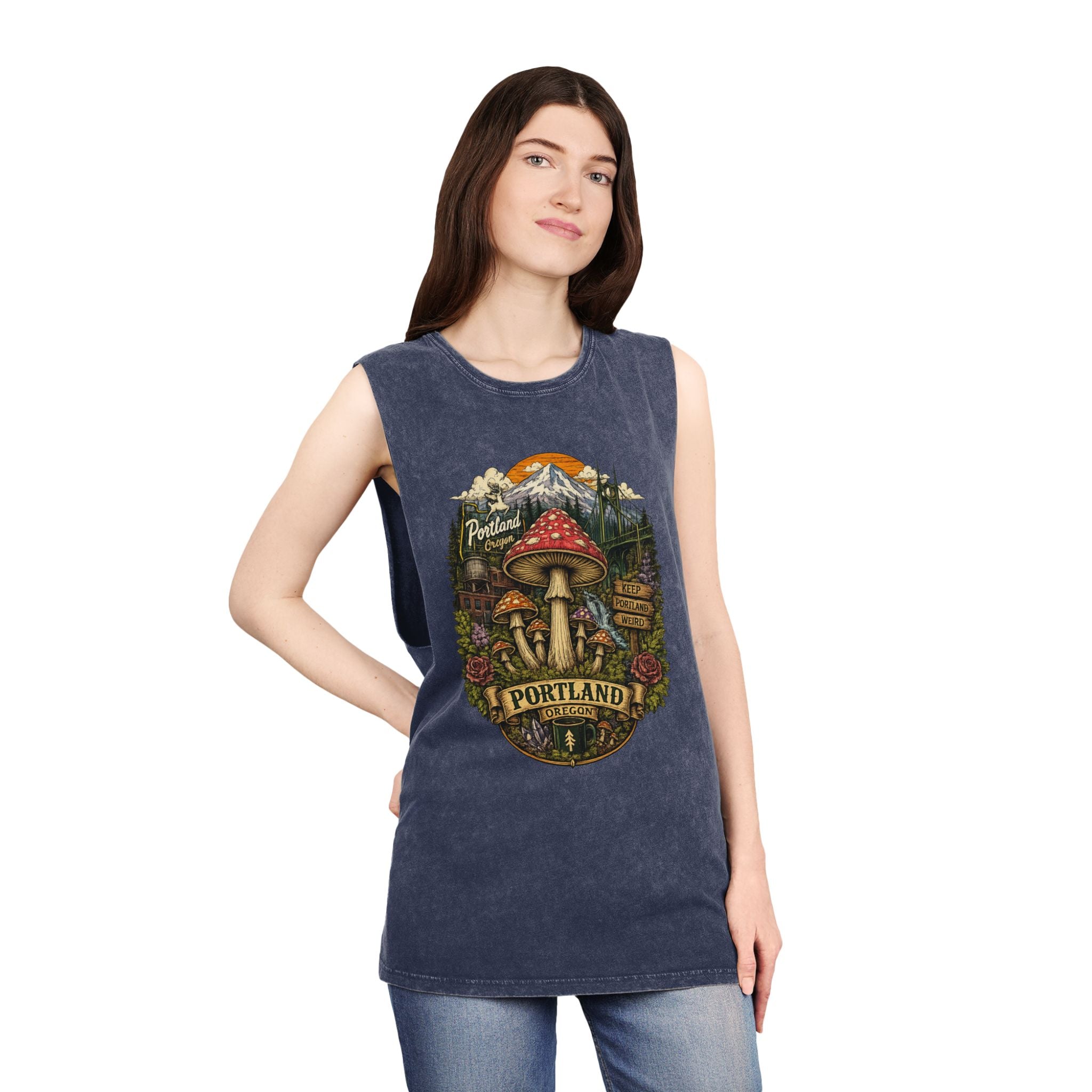 Portland Mushroom Graphic Tank — Stonewash Vintage Nature Tank Top