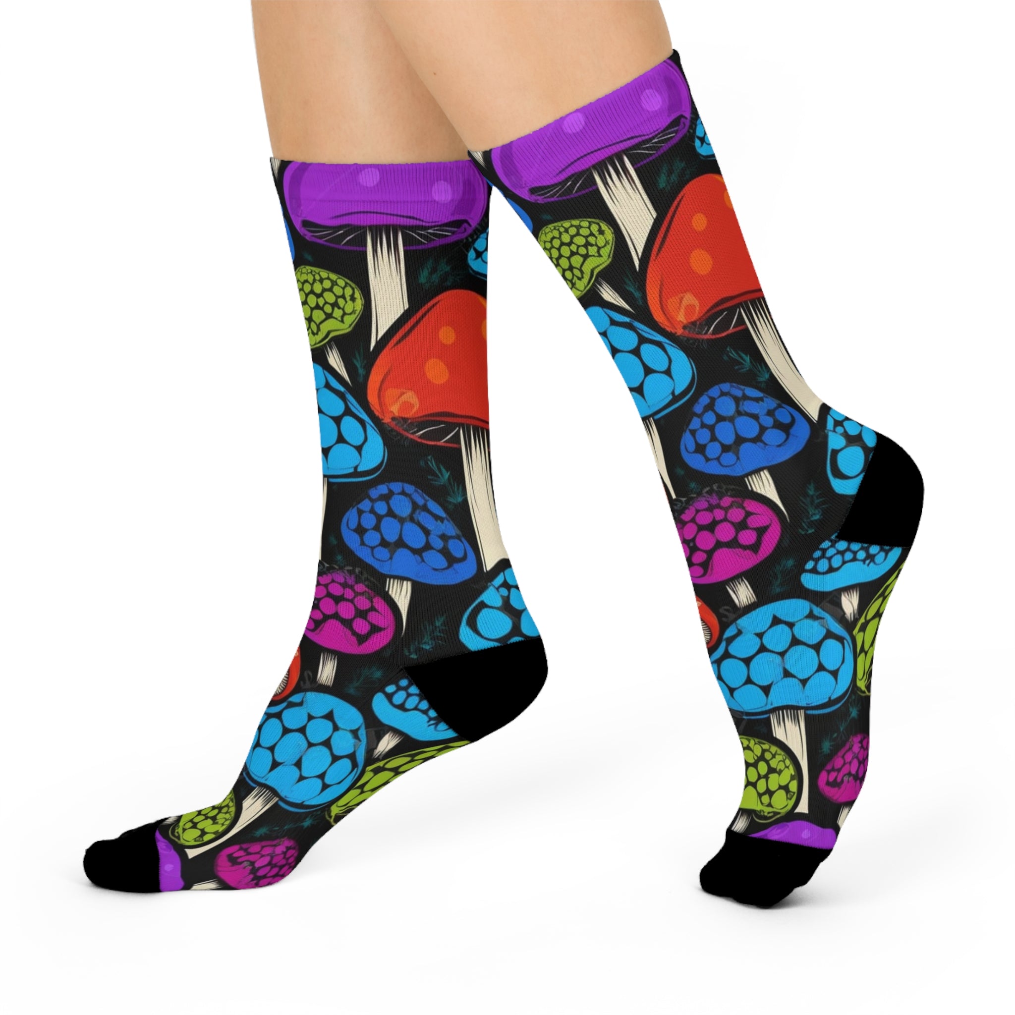 Socks: Mushroom Crew Socks — Colorful Psychedelic Fungi Cushion Socks