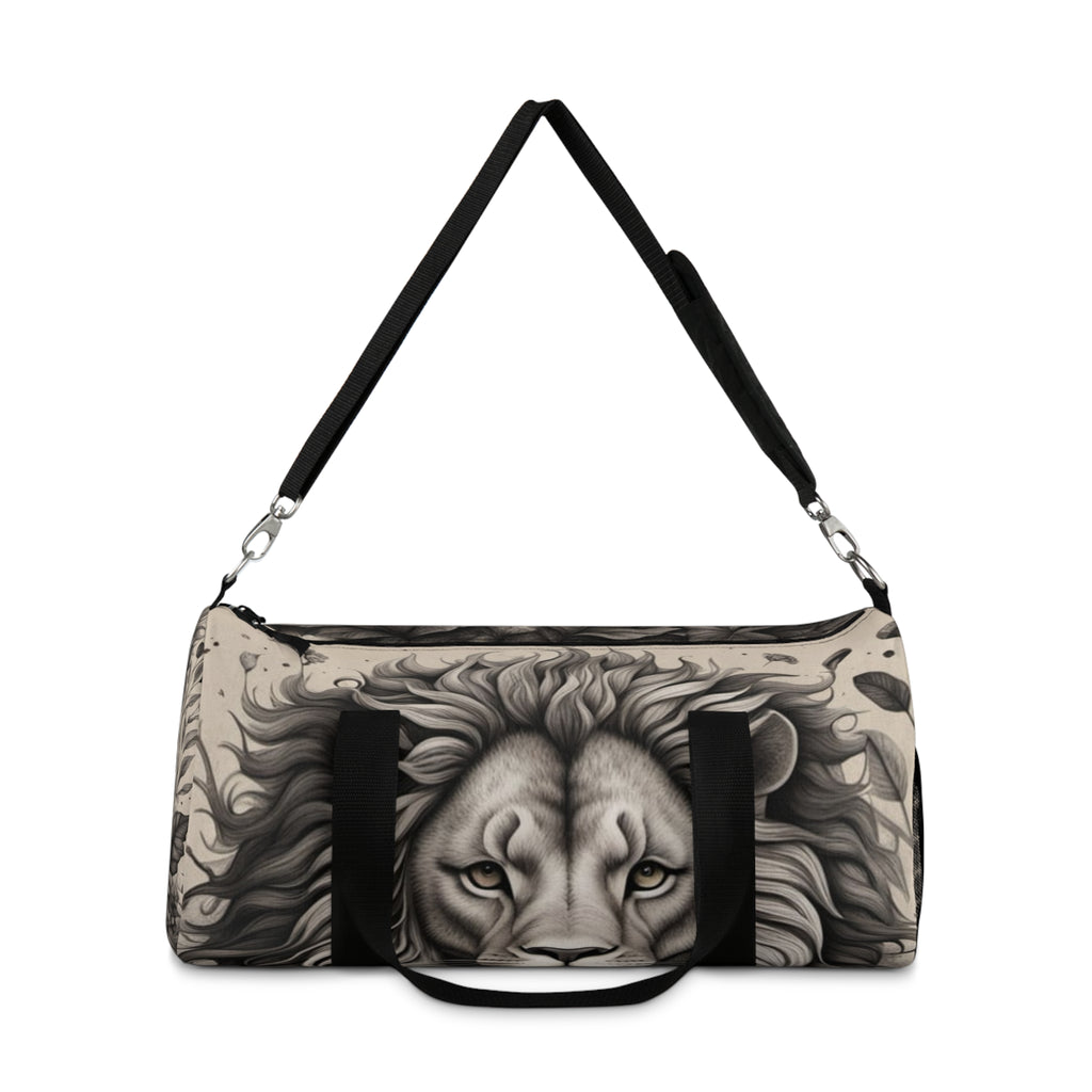 Carry Courage. Roam Wild Lion Heart Myco Duffel with striking grayscale lion design and comfortable fitting.