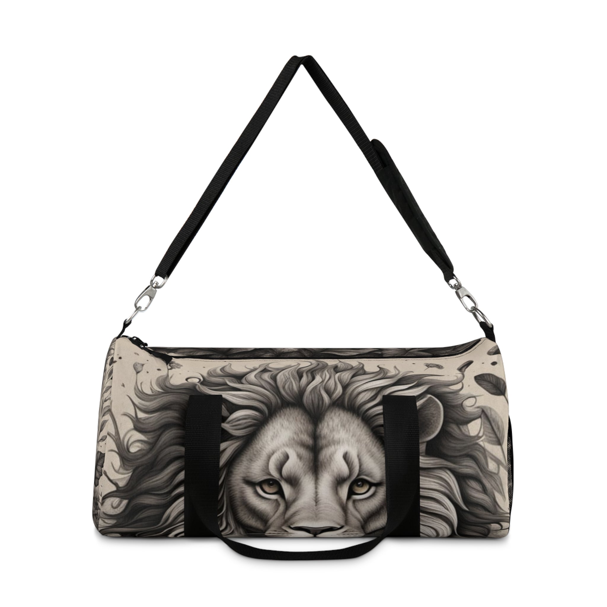 Carry Courage. Roam Wild Lion Heart Myco Duffel with striking grayscale lion design and comfortable fitting.
