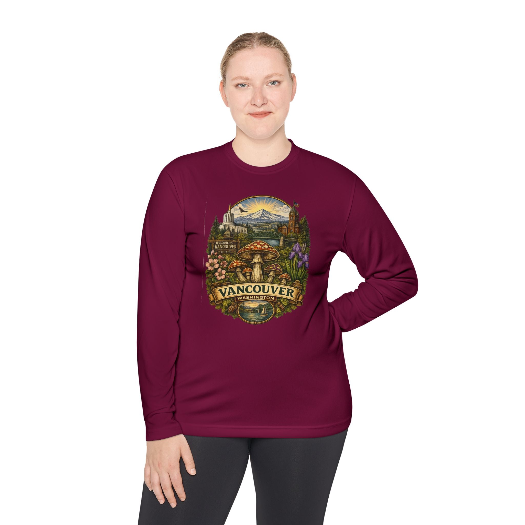 Vancouver Nature Long Sleeve Tee — Scenic Mountains & Mushroom Art