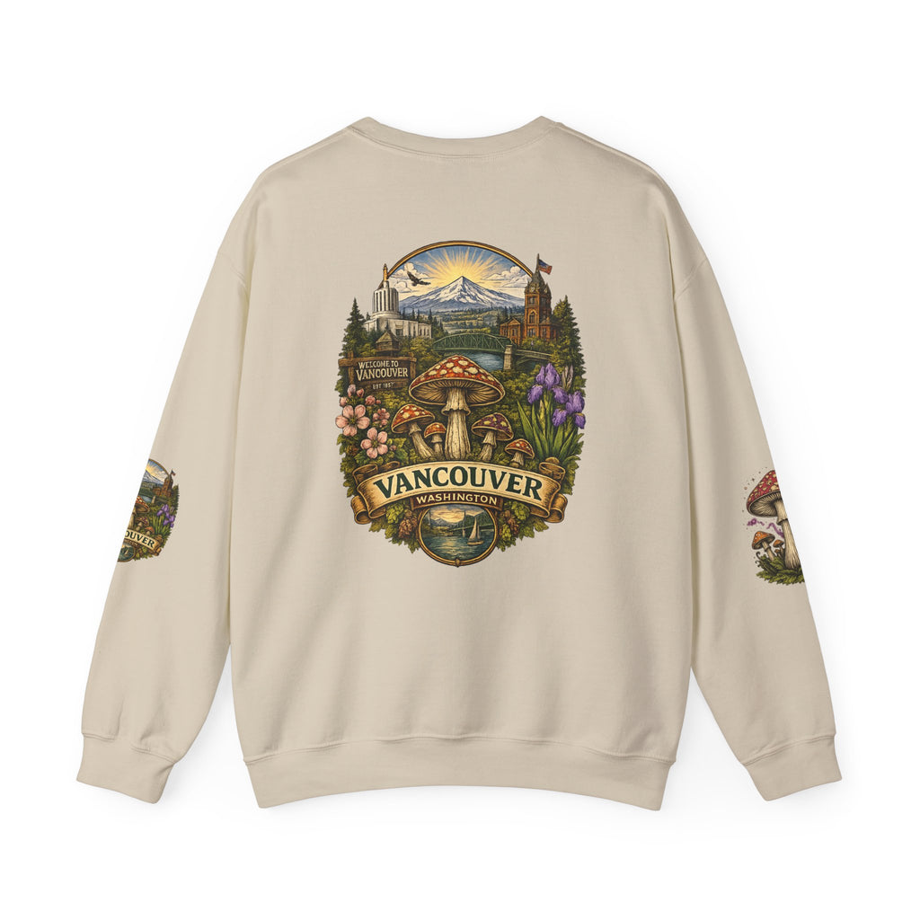 City:  Vancouver Crewneck Sweatshirt — Scenic Pacific Northwest Fungi Design