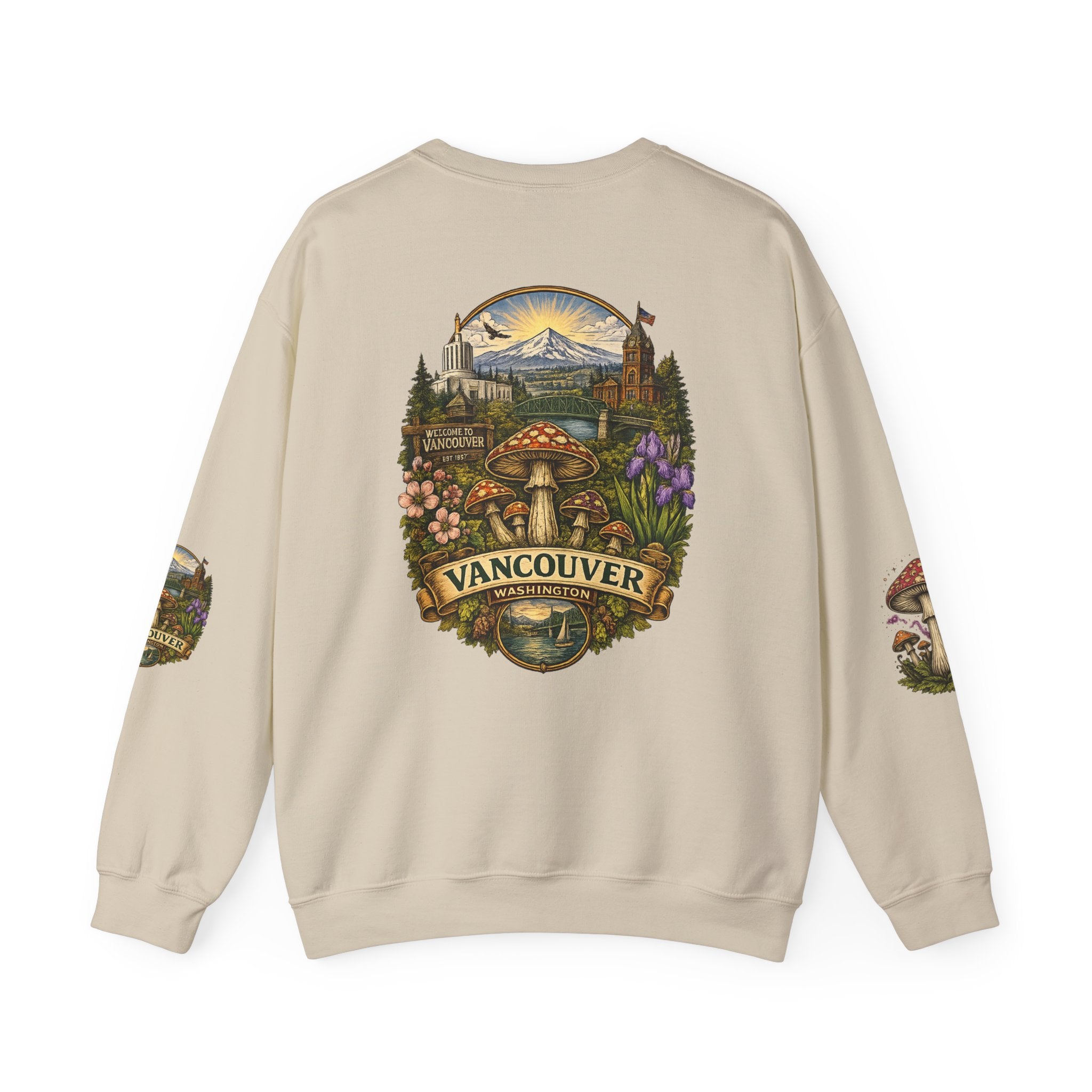 City:  Vancouver Crewneck Sweatshirt — Scenic Pacific Northwest Fungi Design