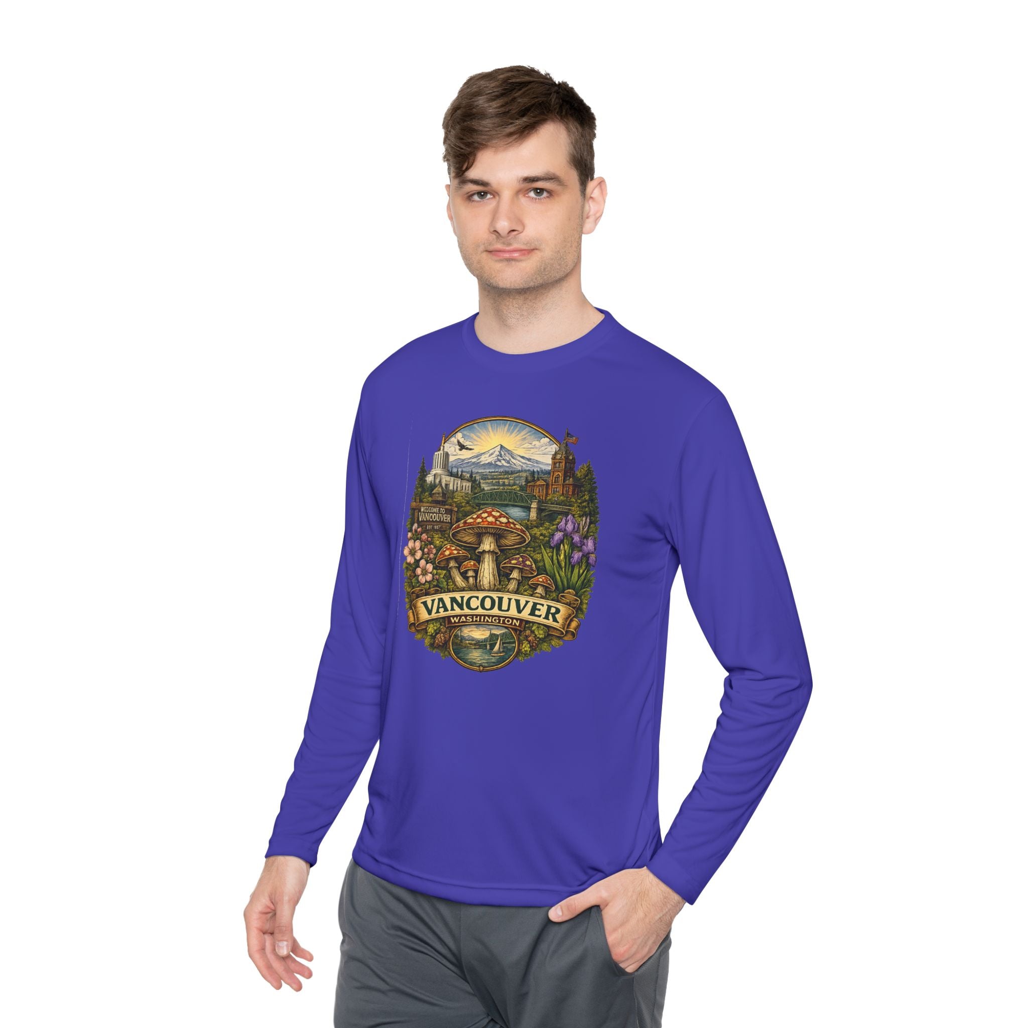 Vancouver Nature Long Sleeve Tee — Scenic Mountains & Mushroom Art