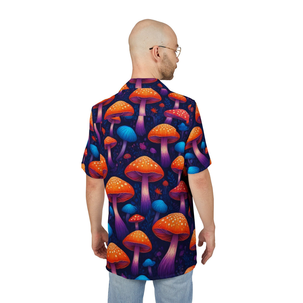 Camisa Hawaiana de Hongos Psicodélicos — Abotonada Naranja Neón y Morado AOP