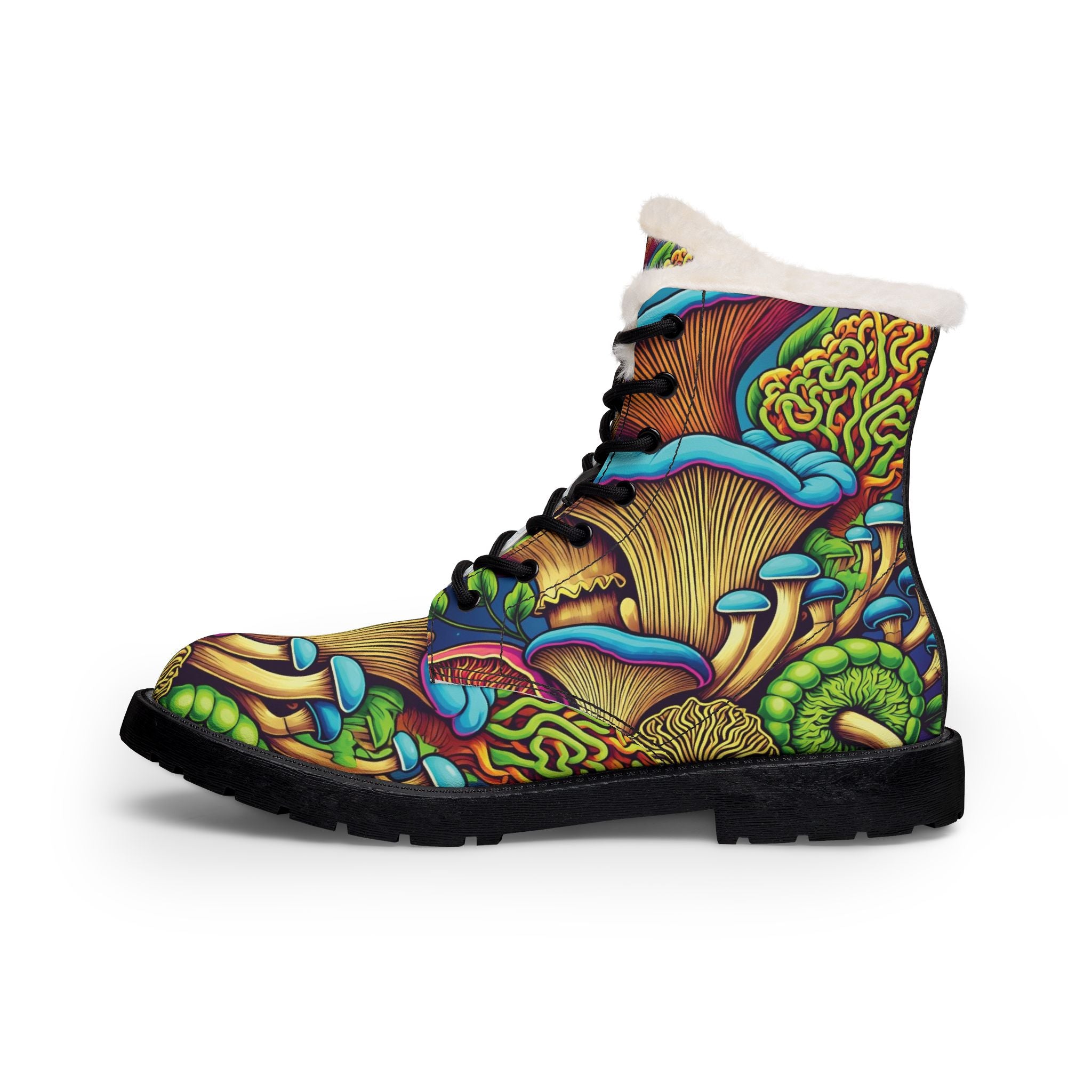 Women's Fur-Lined Leather Boots — Colorful Psychedelic Mushroom Print