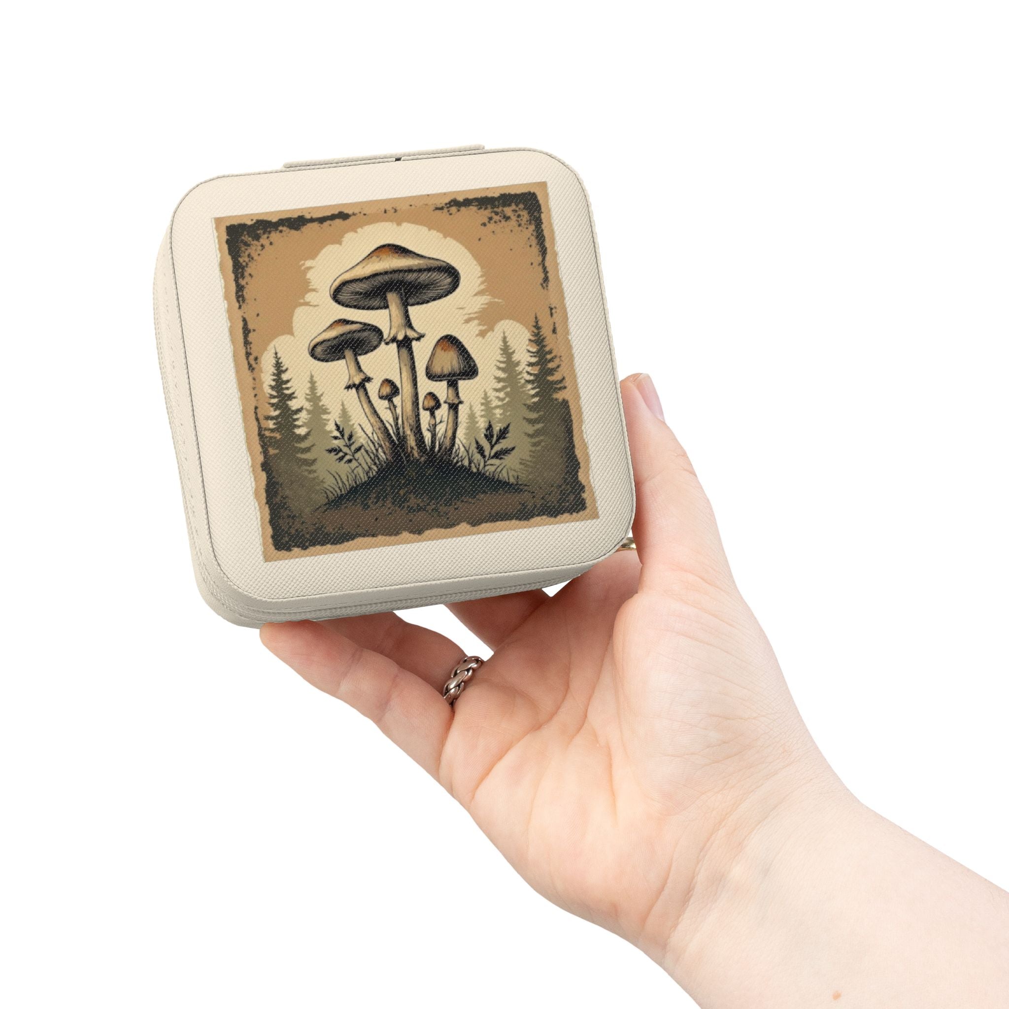 Mushroom Forest Jewelry Travel Case — Compact Velvet-Lined Organizer