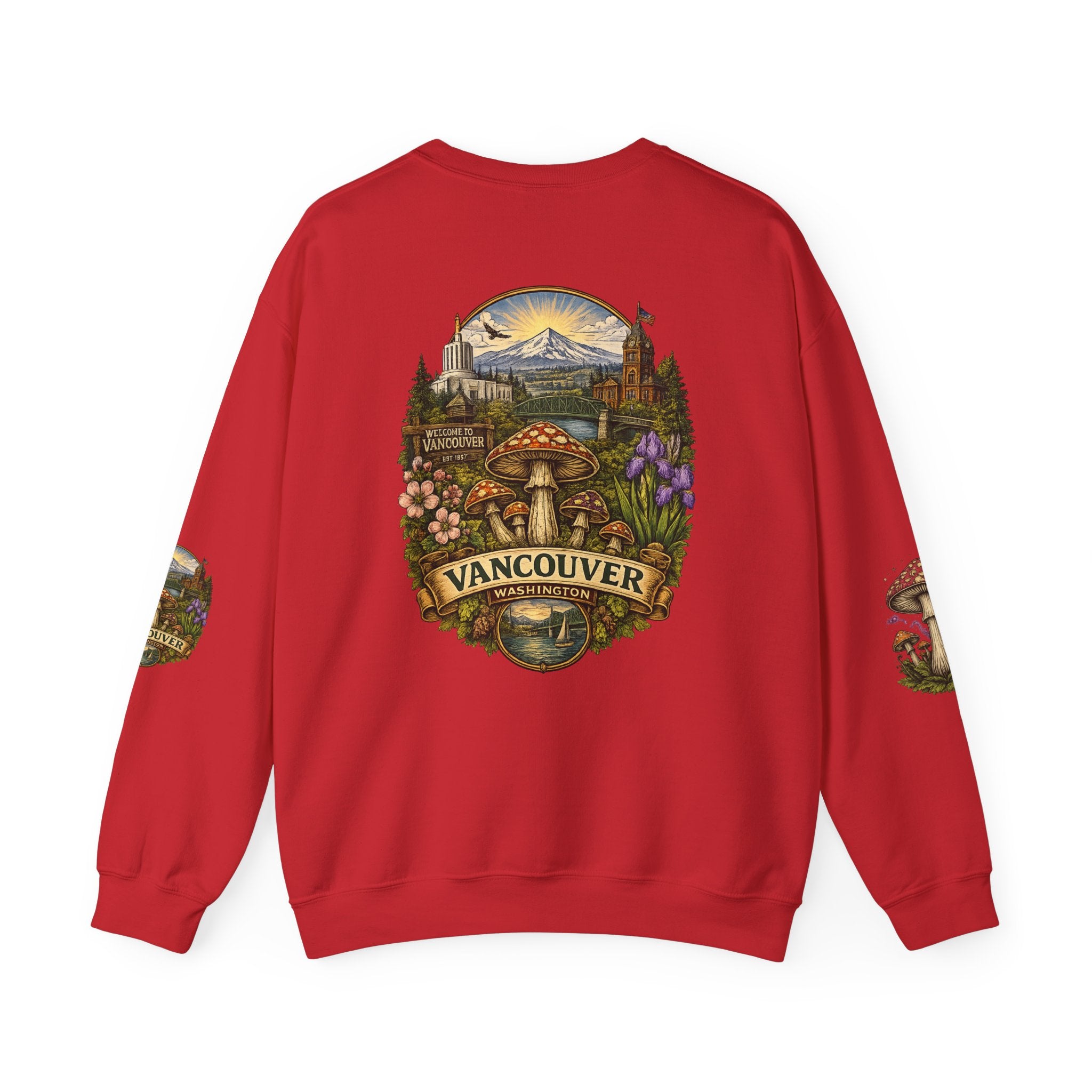 City:  Vancouver Crewneck Sweatshirt — Scenic Pacific Northwest Fungi Design