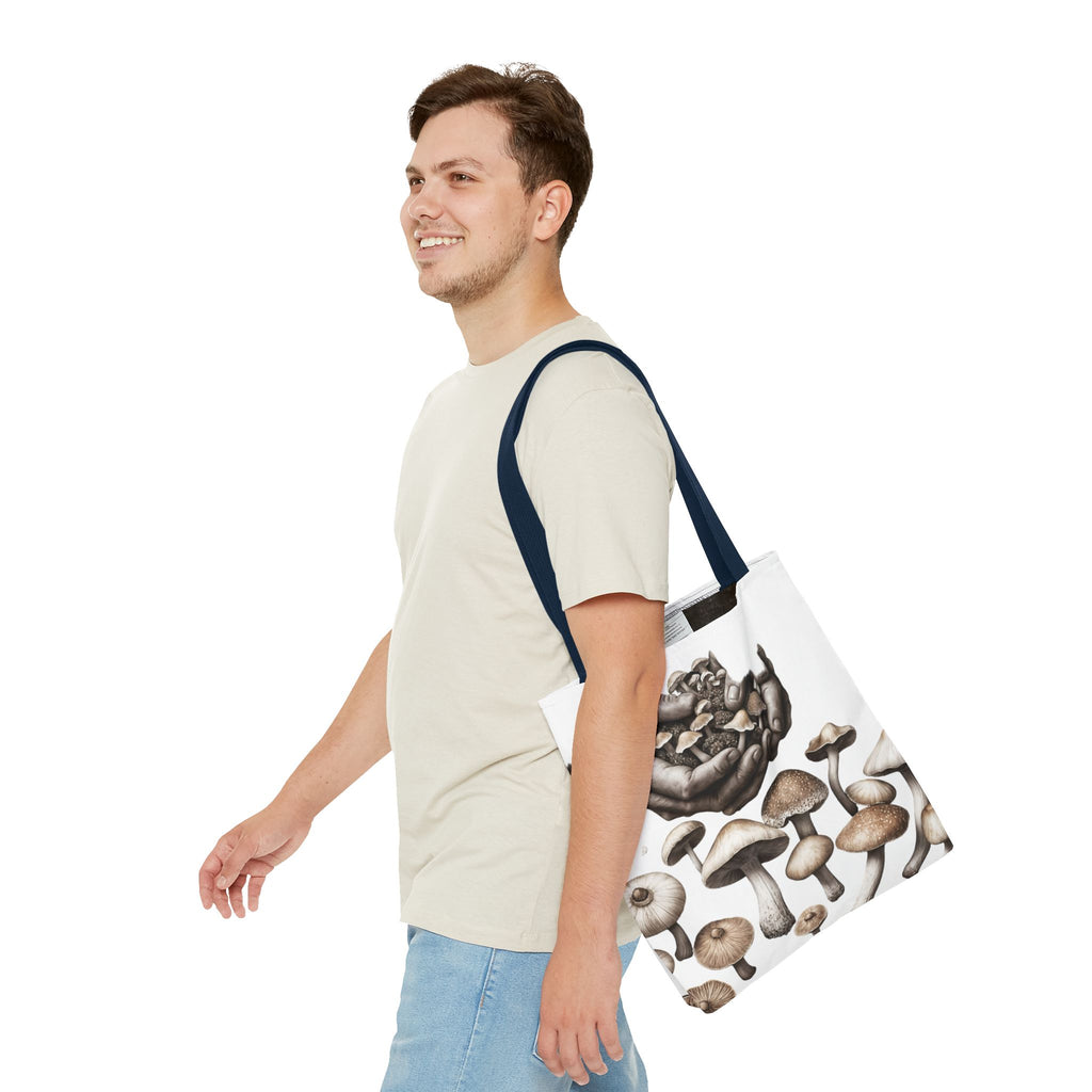 Mushroom Garden Tote Bag — Hand-Held Fungi Illustration All-Over Print