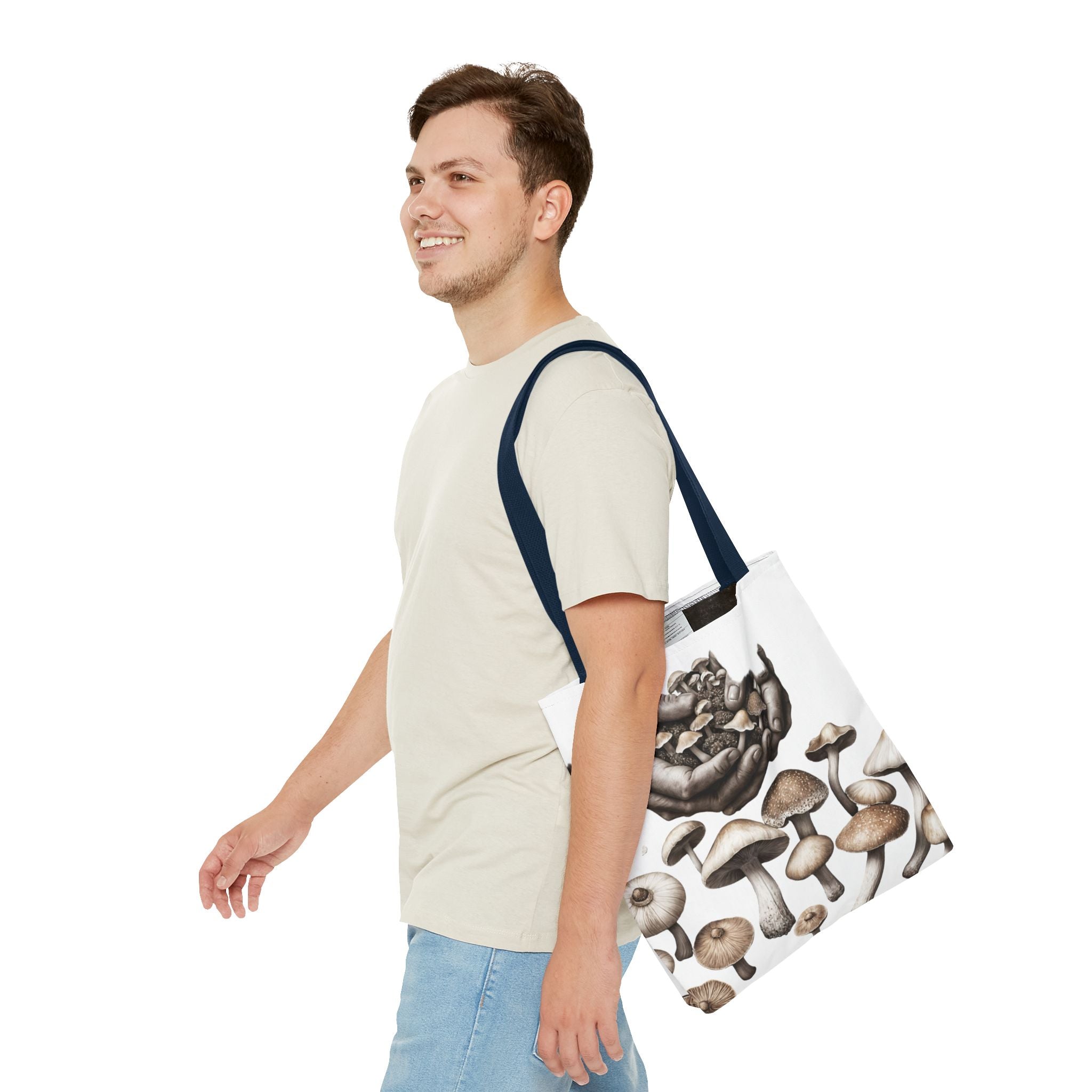 Mushroom Garden Tote Bag — Hand-Held Fungi Illustration All-Over Print