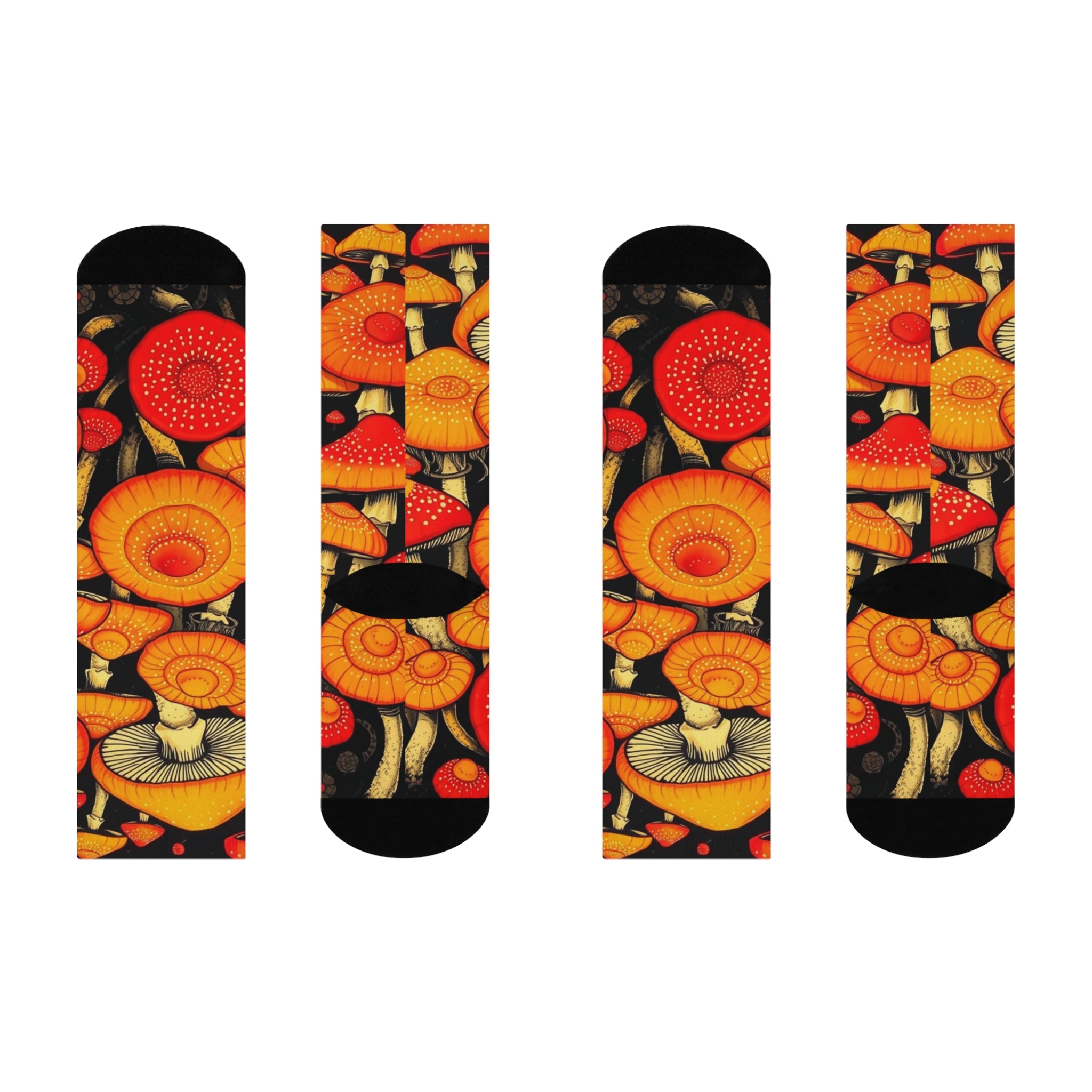 Socks: Mushroom Pattern Cushioned Crew Socks - Orange Fungi Graphic