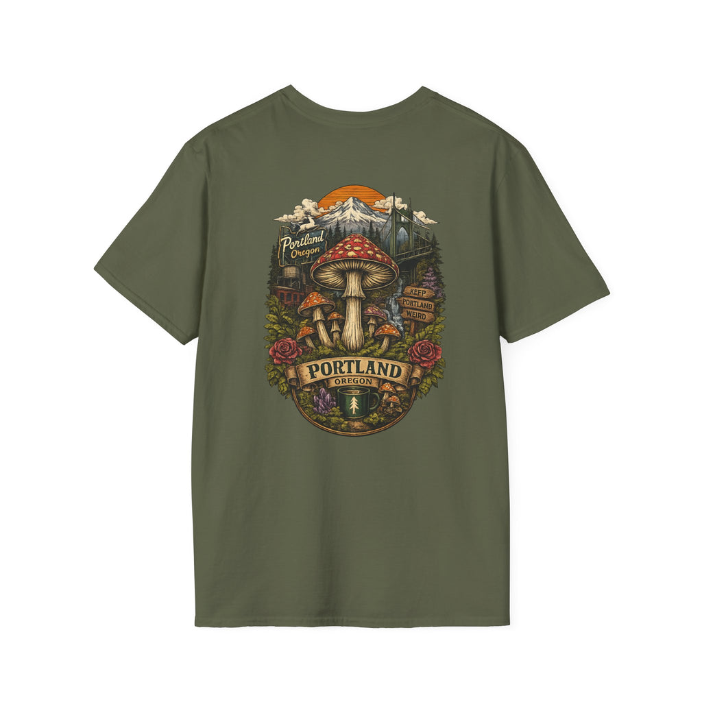 City: Portland Mushroom Magic T-Shirt — Vintage Red Toadstool Illustration