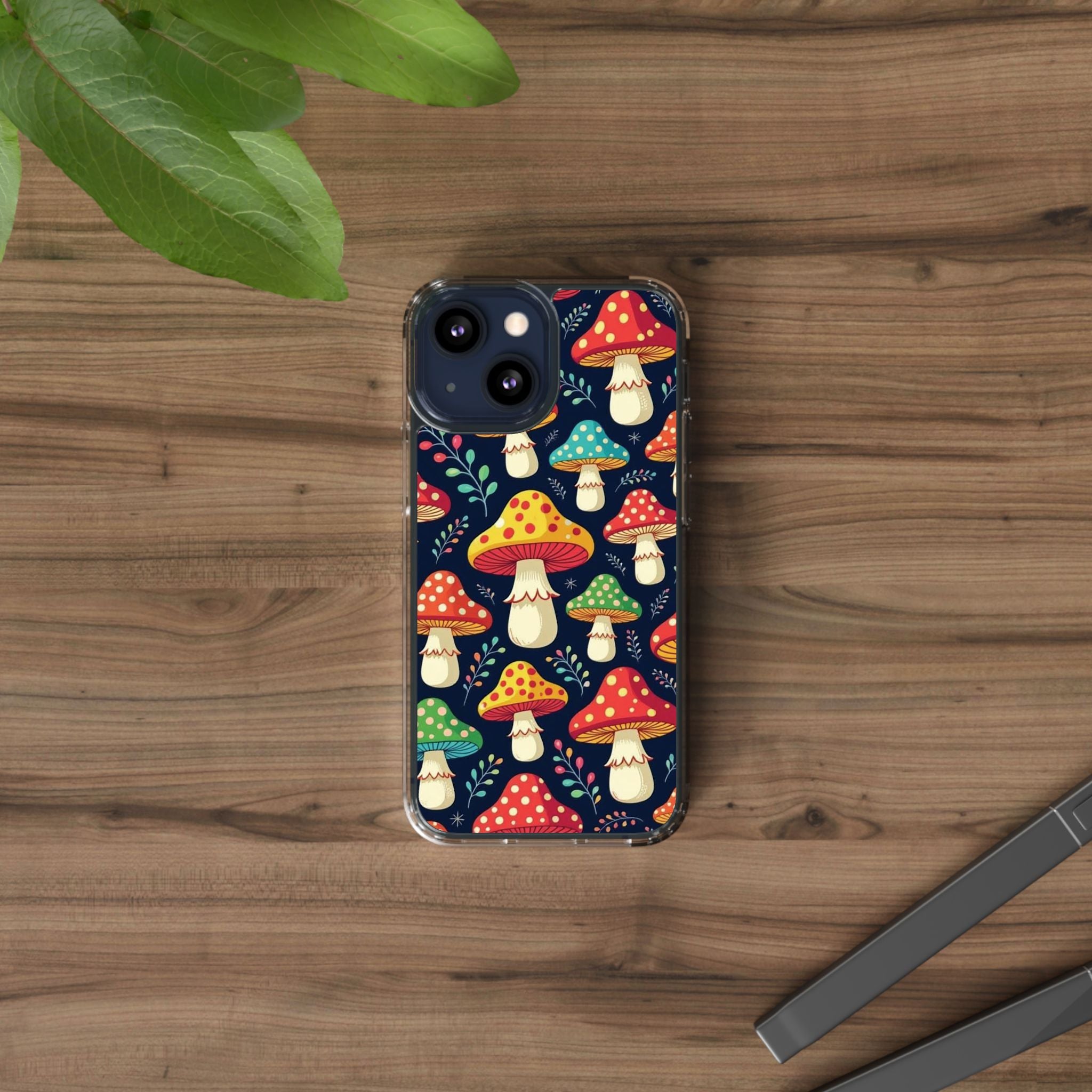 Phone Case: Mushroom Pattern Clear Phone Case — Colorful Toadstool Floral Design