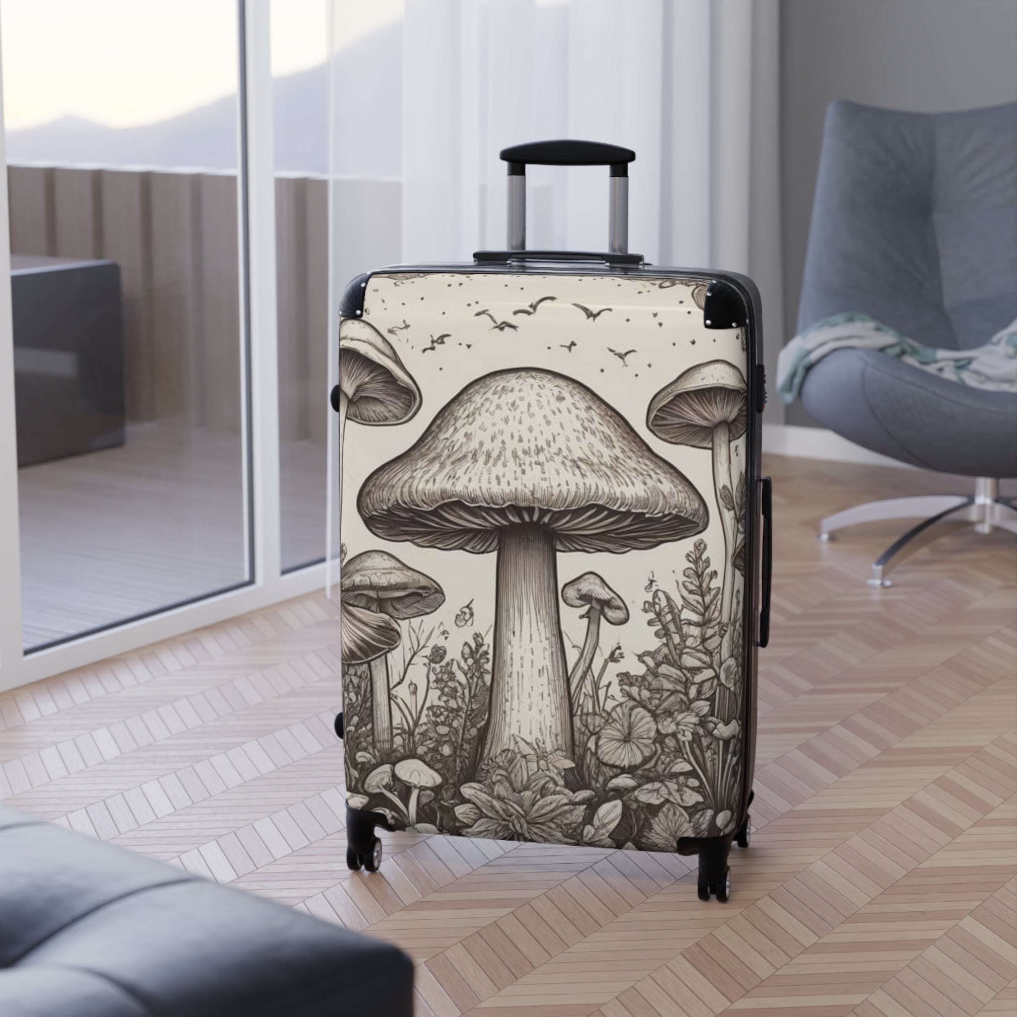 Mushroom Illustration Suitcase – Botanical Fungi Carry-On Luggage