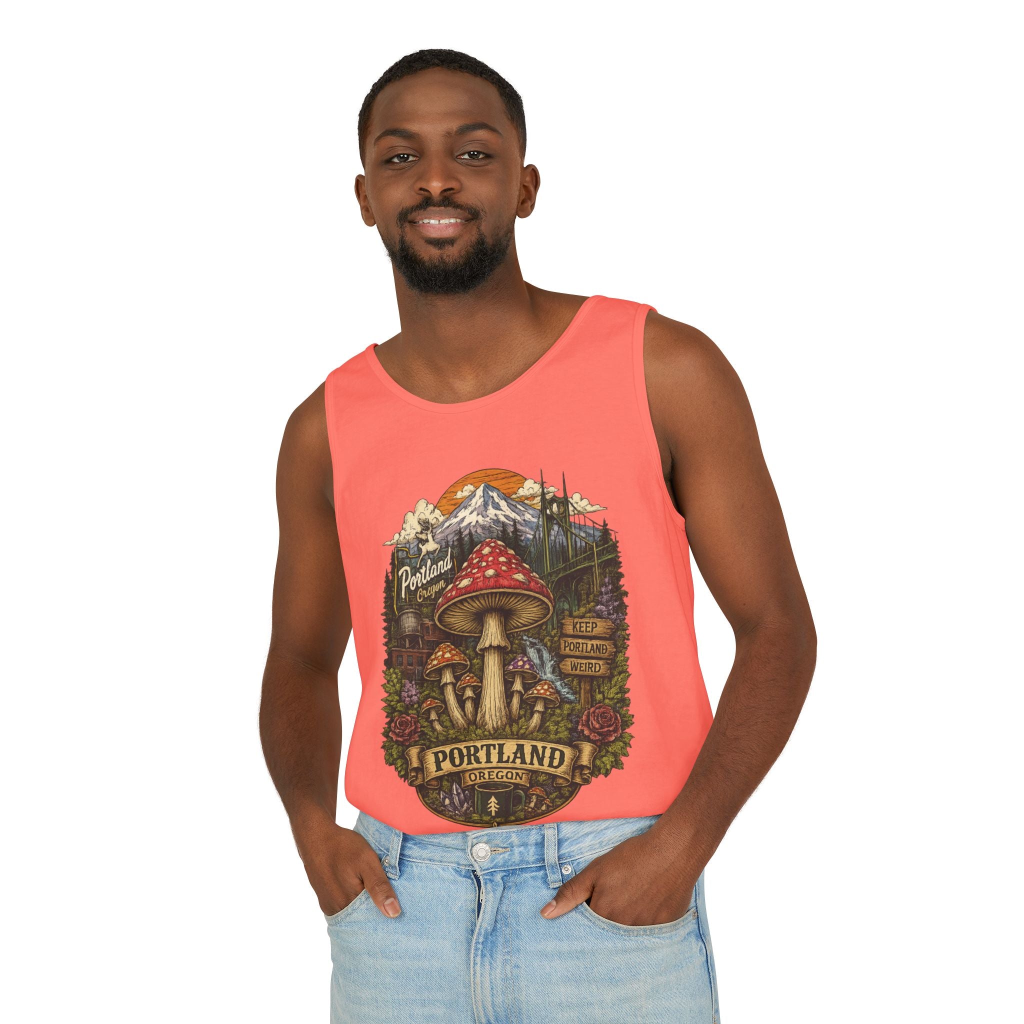 City: Portland Mushroom Tank Top — Vintage Forest Travel Graphic