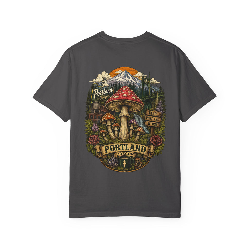 City: Portland Mushroom Graphic T-Shirt — Vintage Forest Amanita Design