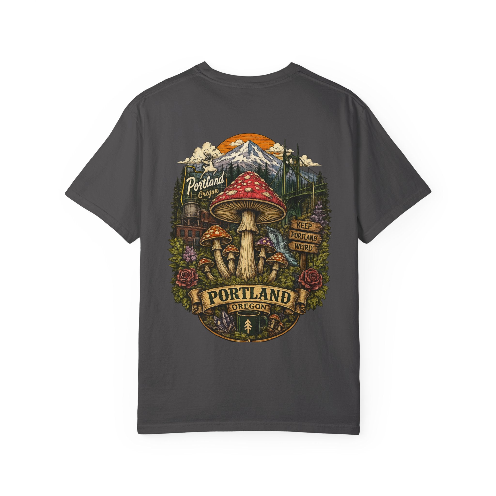City: Portland Mushroom Graphic T-Shirt — Vintage Forest Amanita Design