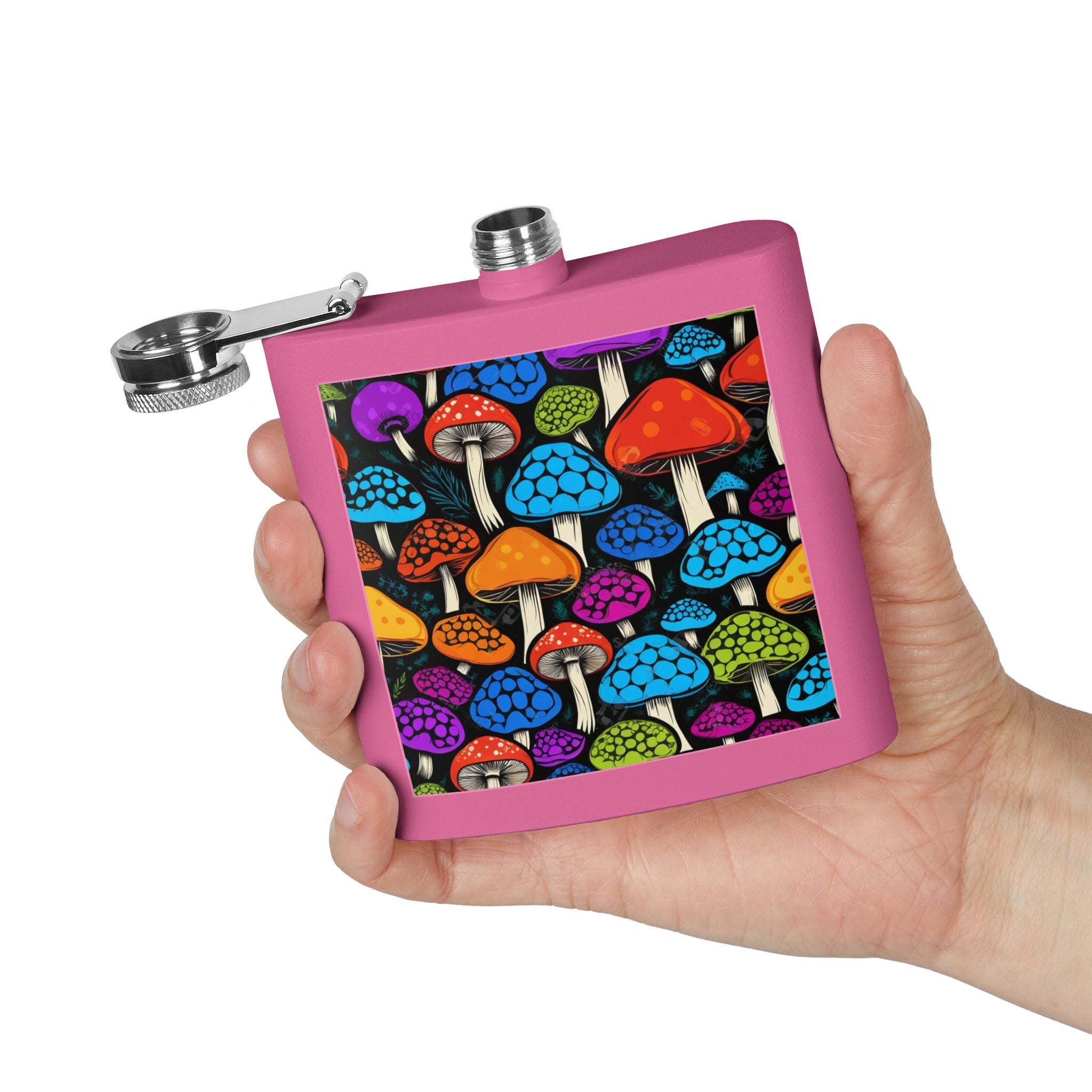 6oz Stainless Steel Flask — Colorful Psychedelic Mushroom Pattern