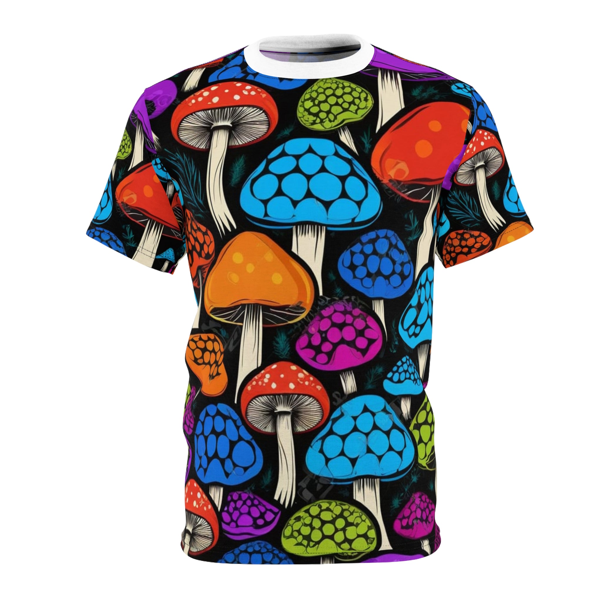Psychedelic Mushroom All-Over Print Tee — Colorful Trippy Fungi Graphic Shirt