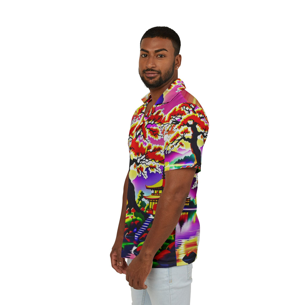 Camisa hawaiana de hombre — Estampado vibrante de neón de cerezos en flor