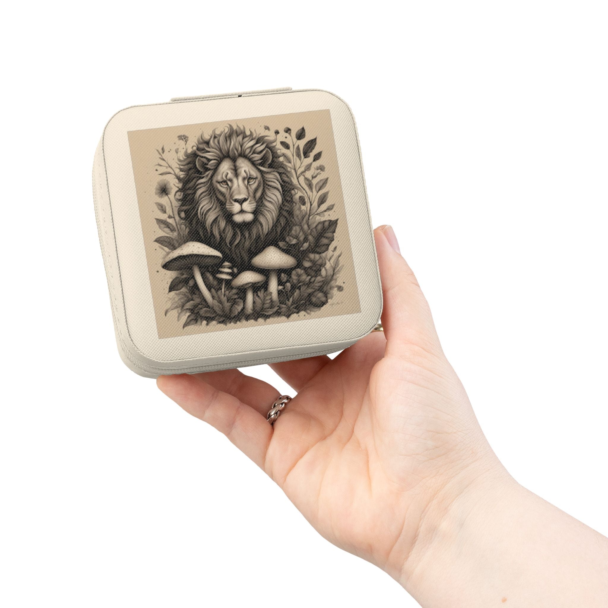 Lion & Mushrooms Jewelry Travel Case — Compact Organizer for Rings, Earrings & Necklaces