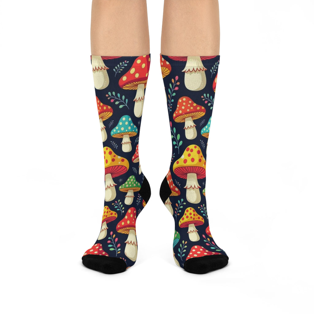 Socks: Colorful Mushroom Cushioned Crew Socks, Cozy Gift for Nature Lovers, Fun Casual Wear, Perfect for Hiking or Lounging
