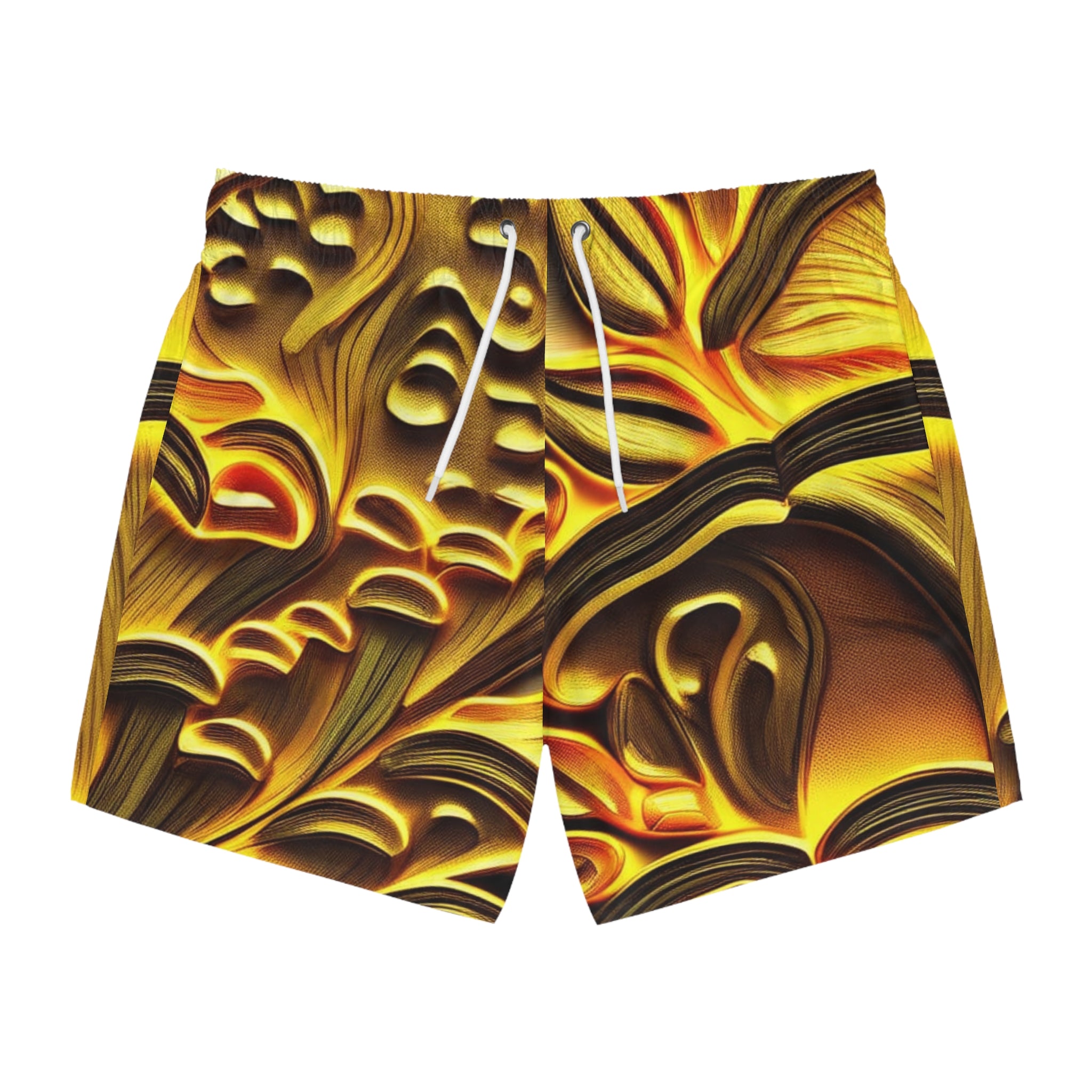 Golden Swirl Swim Trunks — Abstract Tropical AOP Beach Shorts