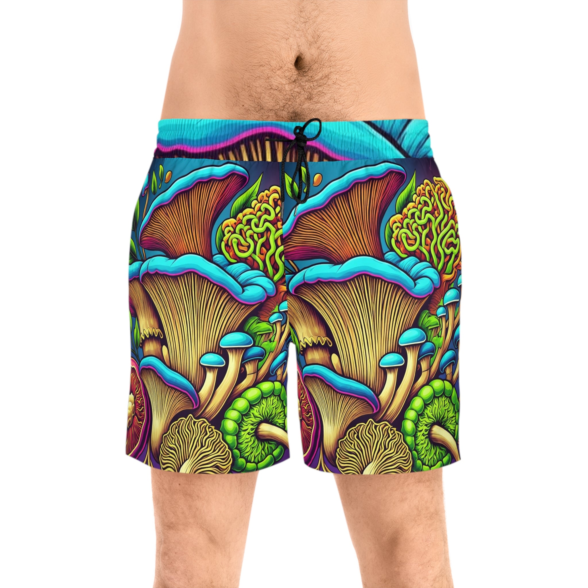 Psychedelic Mushroom Print Men's Swim Shorts — Colorful Fungi AOP Beach Trunks