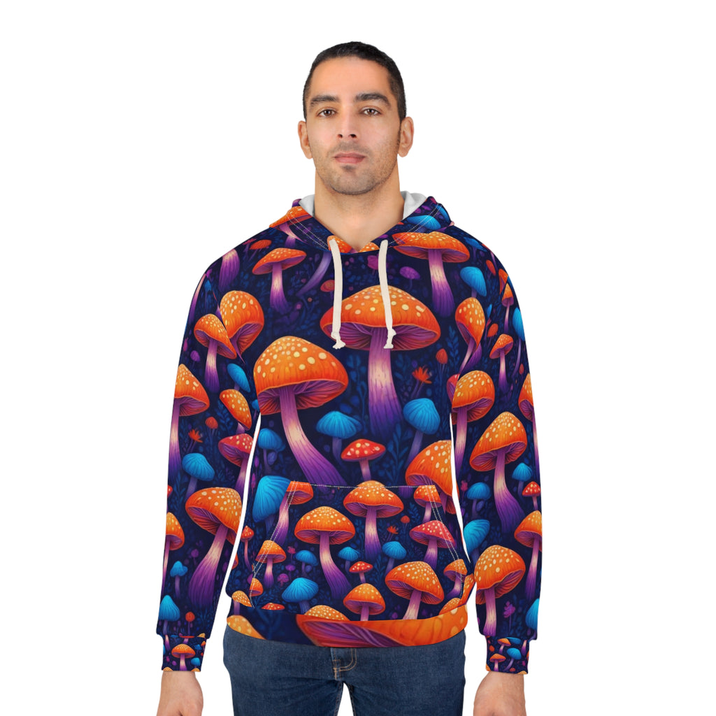 Psychedelic Mushroom Print Hoodie – Neon Orange & Purple All-Over Pullover