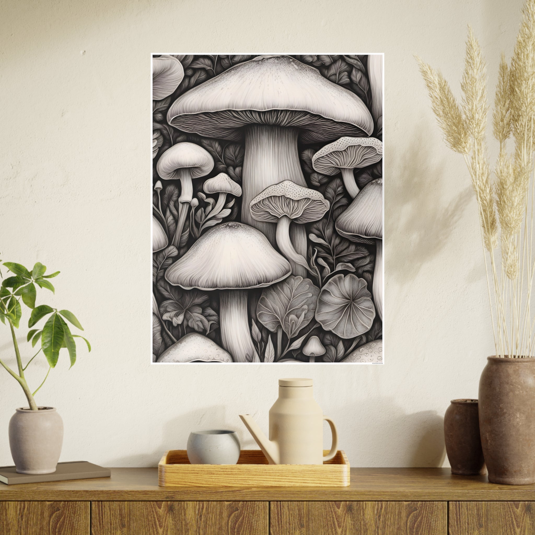 Poster: Mushroom Illustration Poster — Botanical Fungi Art Print