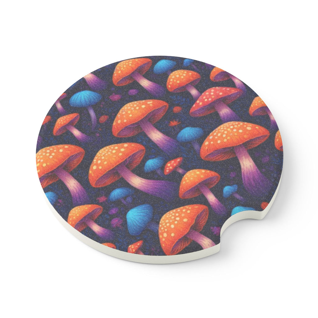 Mushroom Forest Soapstone Car Coaster — Colorful Psychedelic Fungi Drink Holder
