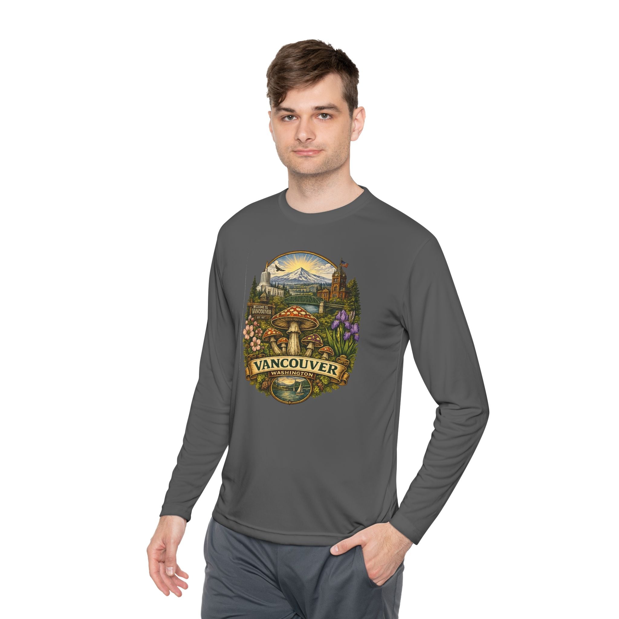 Vancouver Nature Long Sleeve Tee — Scenic Mountains & Mushroom Art