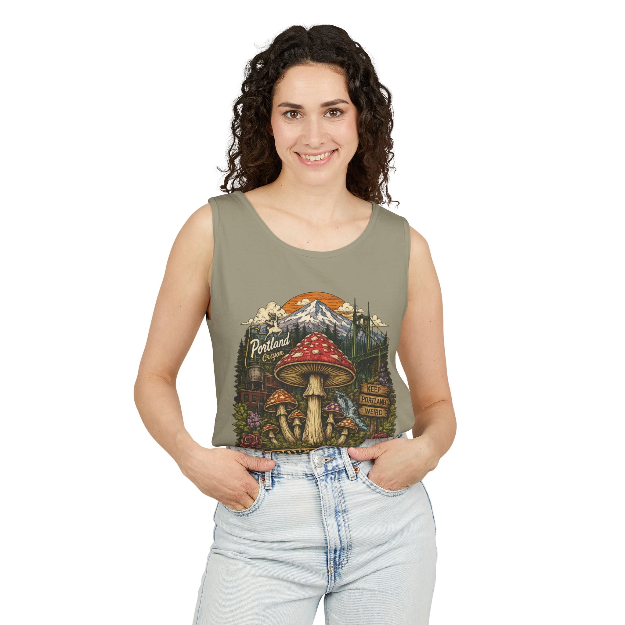 City: Portland Mushroom Tank Top — Vintage Forest Travel Graphic
