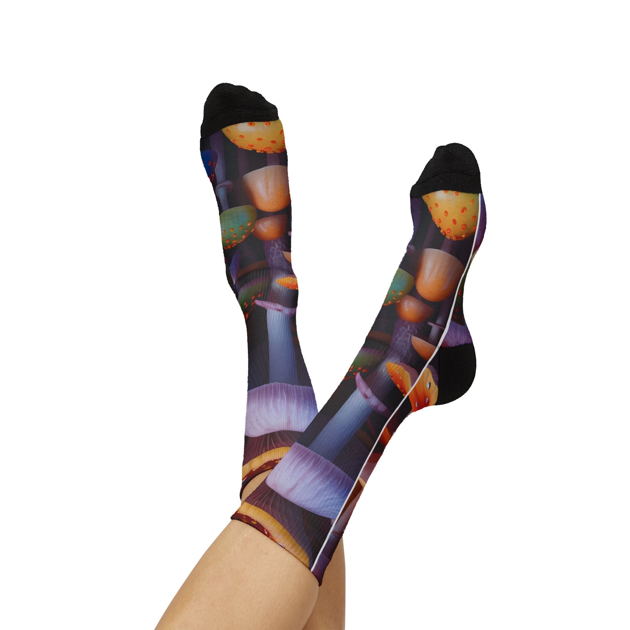 Socks: Mushroom Forest Sublimation Socks — Colorful Psychedelic Fungi Crew Socks
