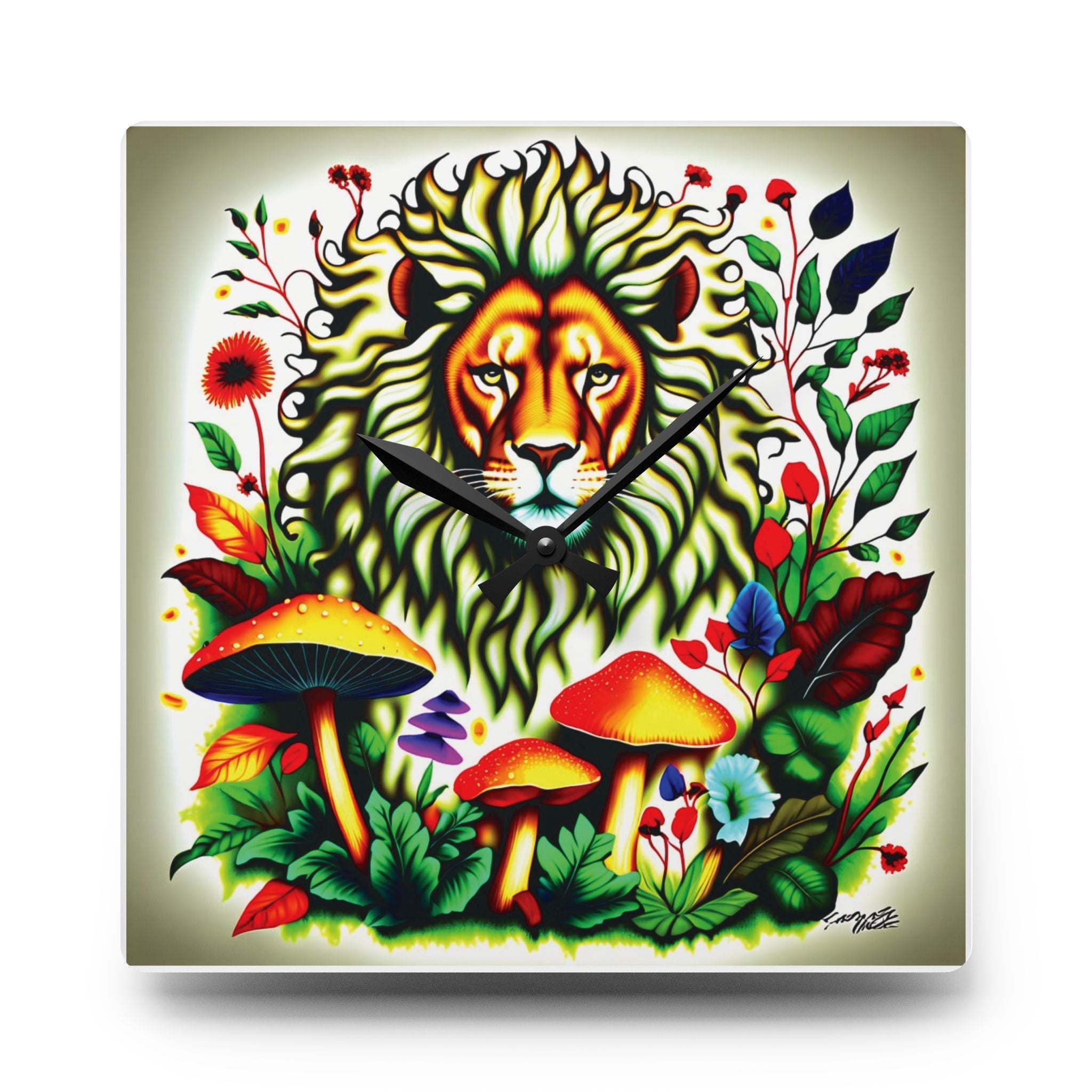 Lion & Mushrooms Acrylic Wall Clock — Colorful Botanical Animal Art