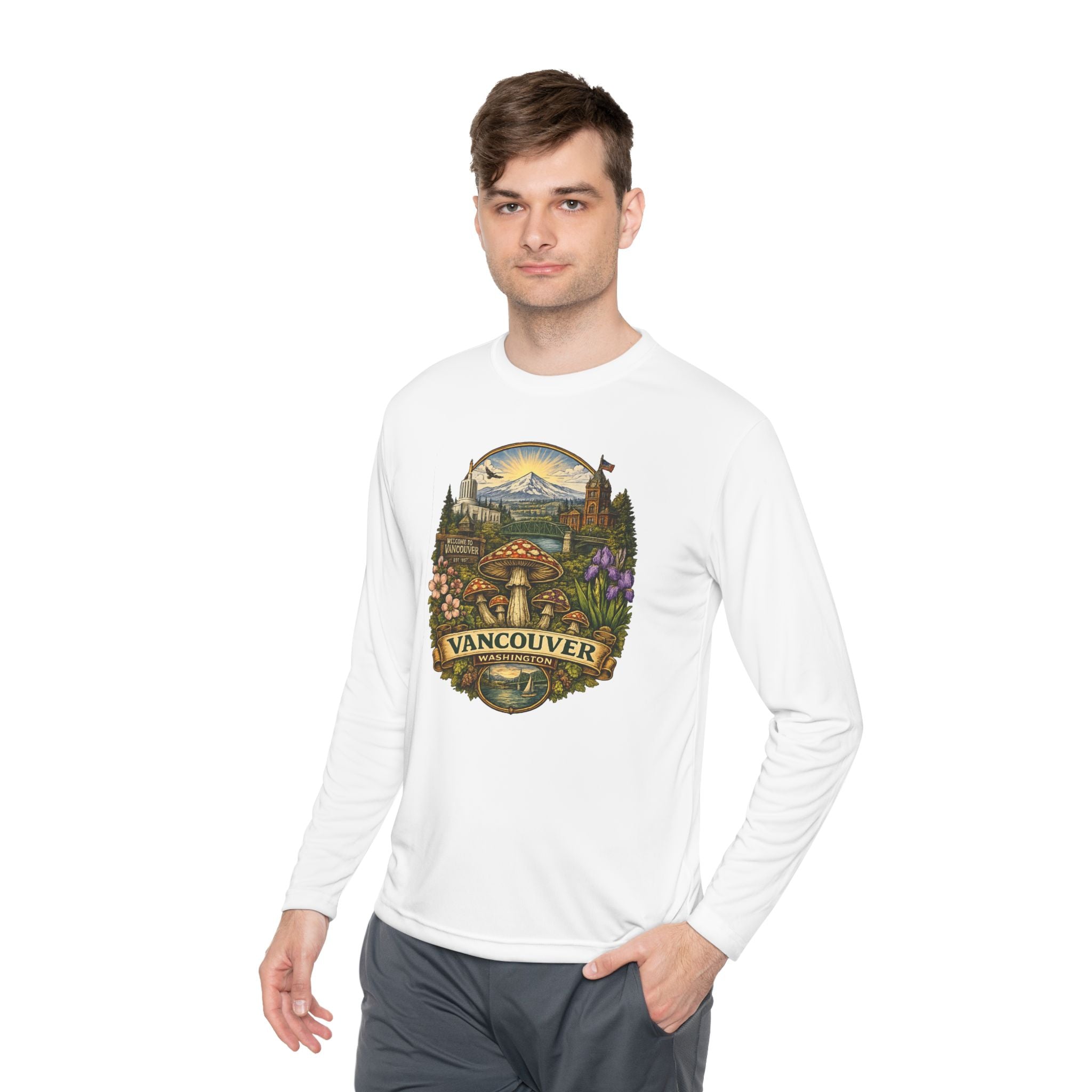 Vancouver Nature Long Sleeve Tee — Scenic Mountains & Mushroom Art