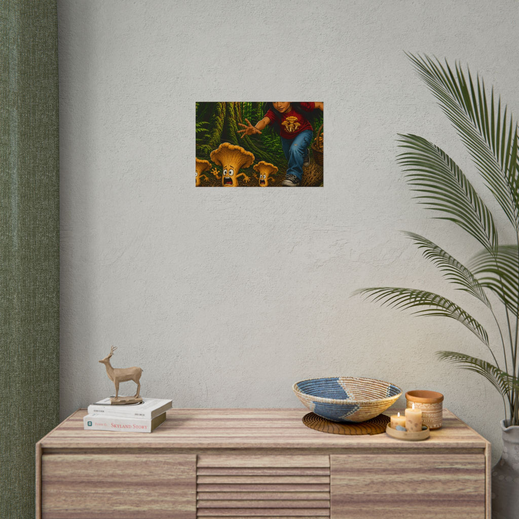 Rolled Poster: Girl Chasing Animated Mushrooms Forest Art Print