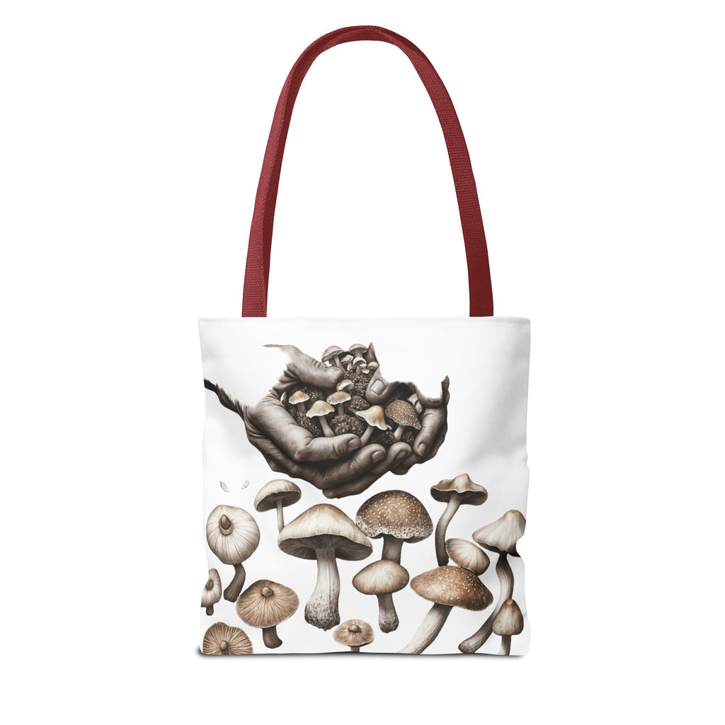 Mushroom Garden Tote Bag — Hand-Held Fungi Illustration All-Over Print