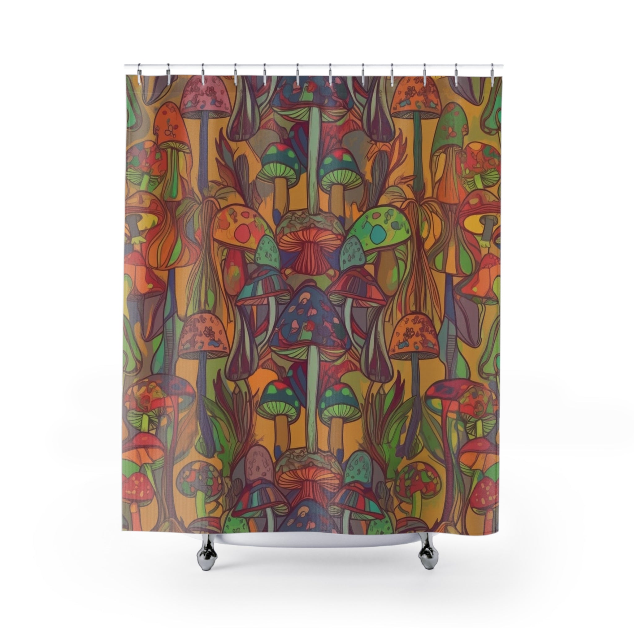 Psychedelic Mushroom Shower Curtain — Colorful Boho Fungi Bathroom Decor